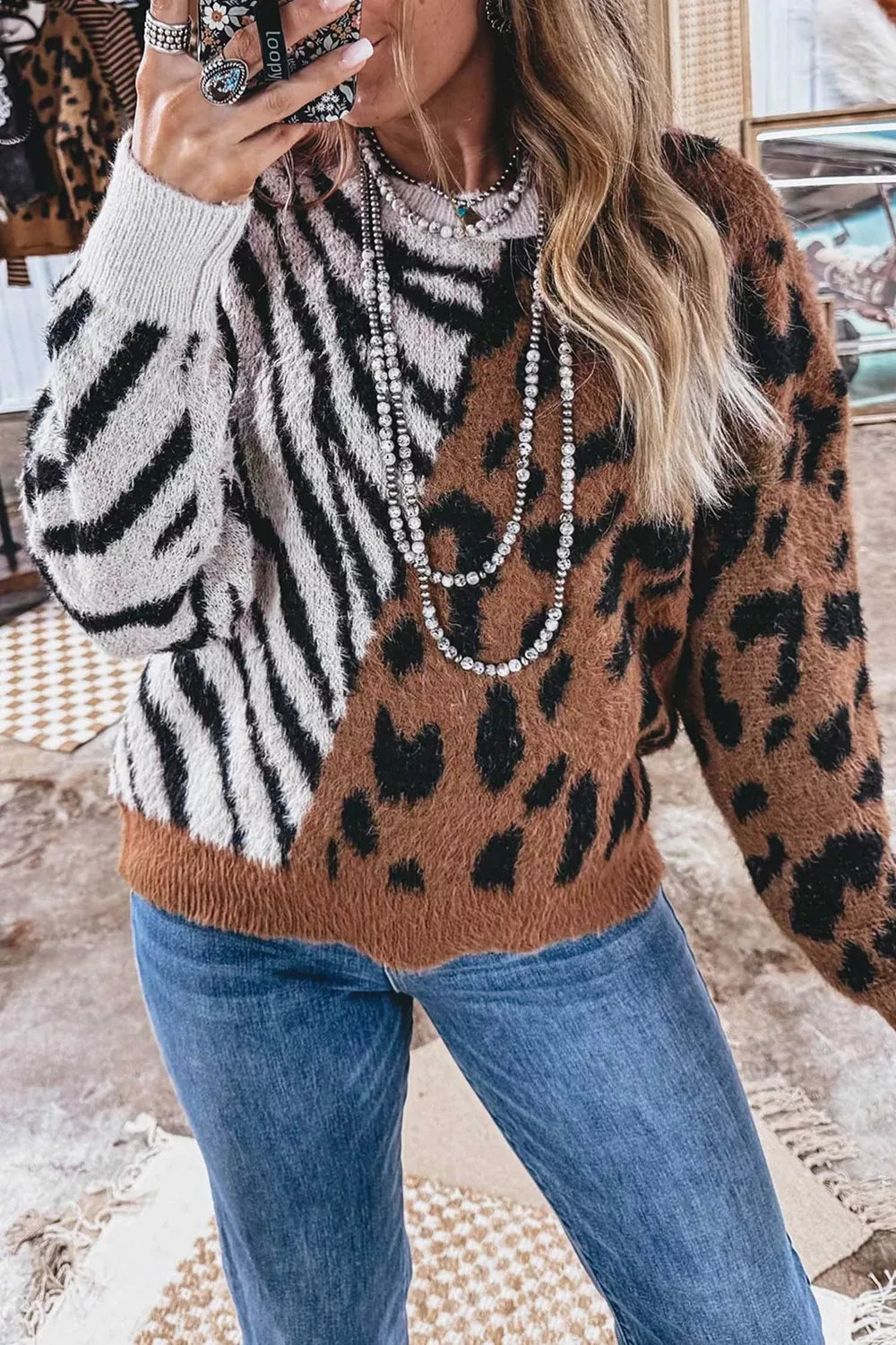 Western Leopard Zebra Print Long Sleeve Round Neck Sweater