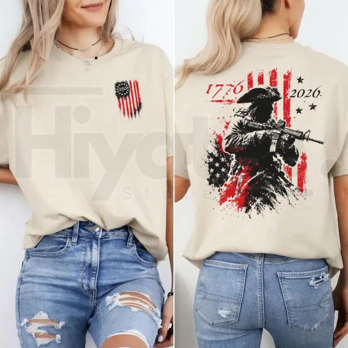 250th Anniversary Distressed American Flag 2-Sided T-Shirt – 1776-2026 Revolutionary Soldier Graphic Tee