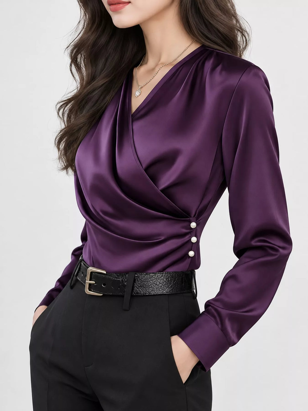 Satin Surplice Long Sleeve Blouse