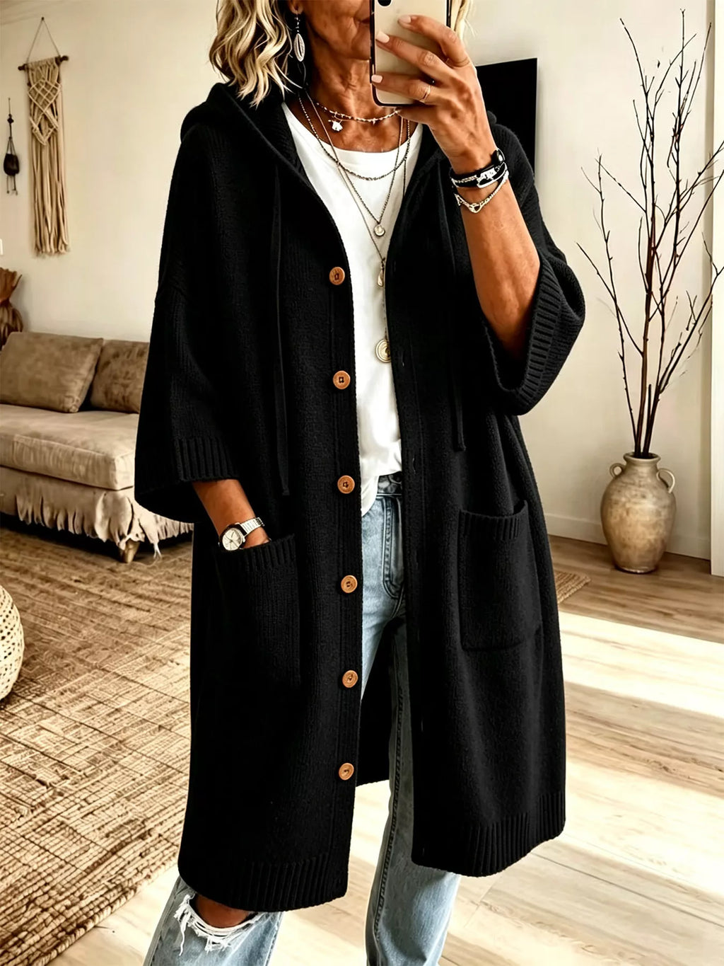 Hooded Button-Down Knit Cardigan with Pockets