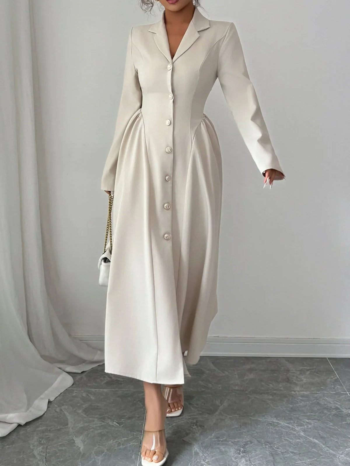 Button-Front Long Sleeve Dress