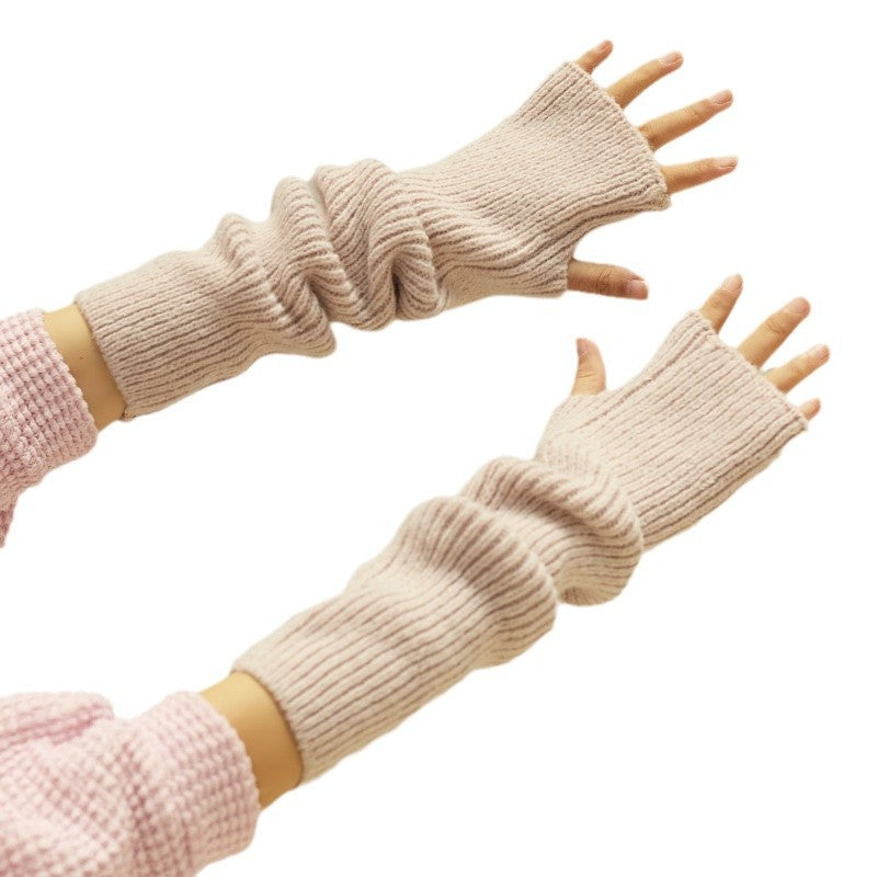 Women's Solid-Color Cashmere Long Half-Finger Winter Gloves