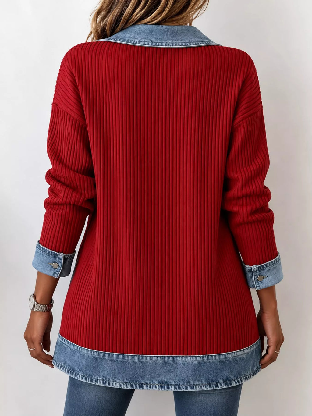 Full Size Denim Trim Ribbed Knit Cardigan Plus Size
