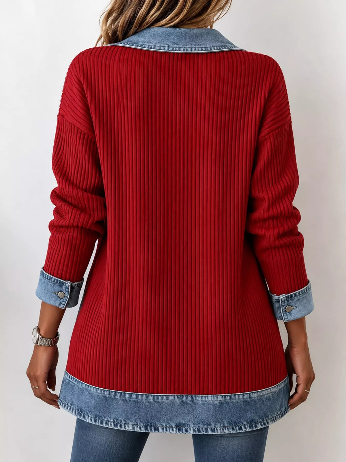 Full Size Denim Trim Ribbed Knit Cardigan Plus Size