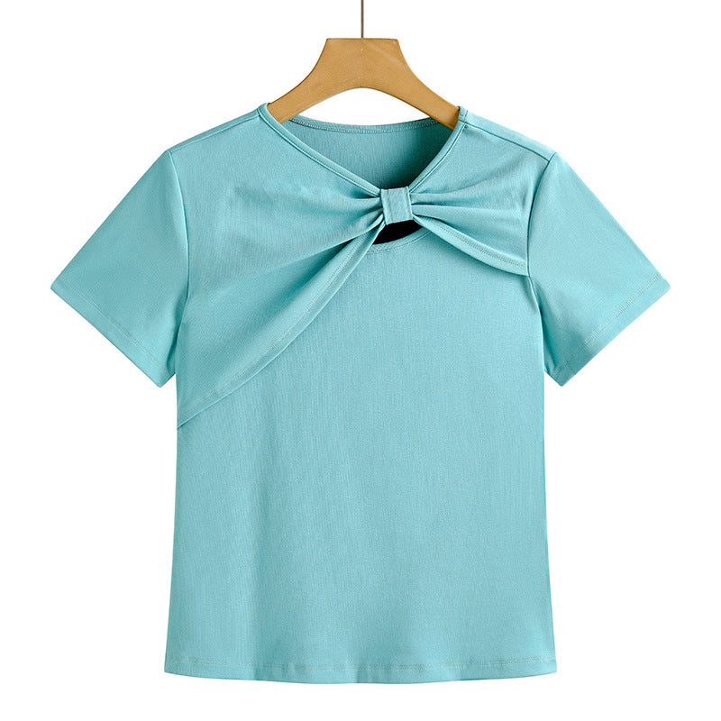 Female Solid Color Hollow Shoulder Short Sleeved Shirt