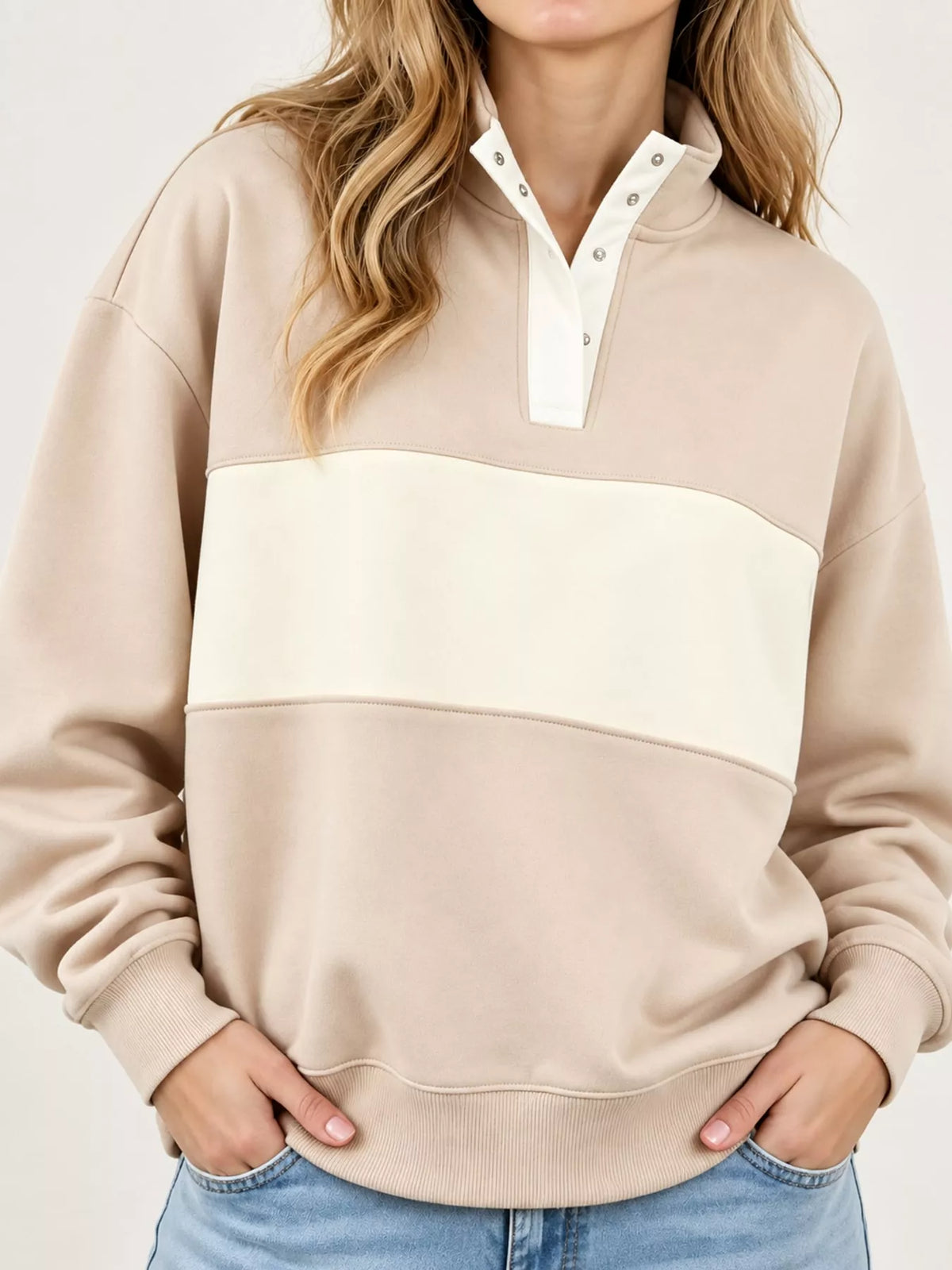 Full Size Color Block Snap-Button Sweatshirt Plus Size