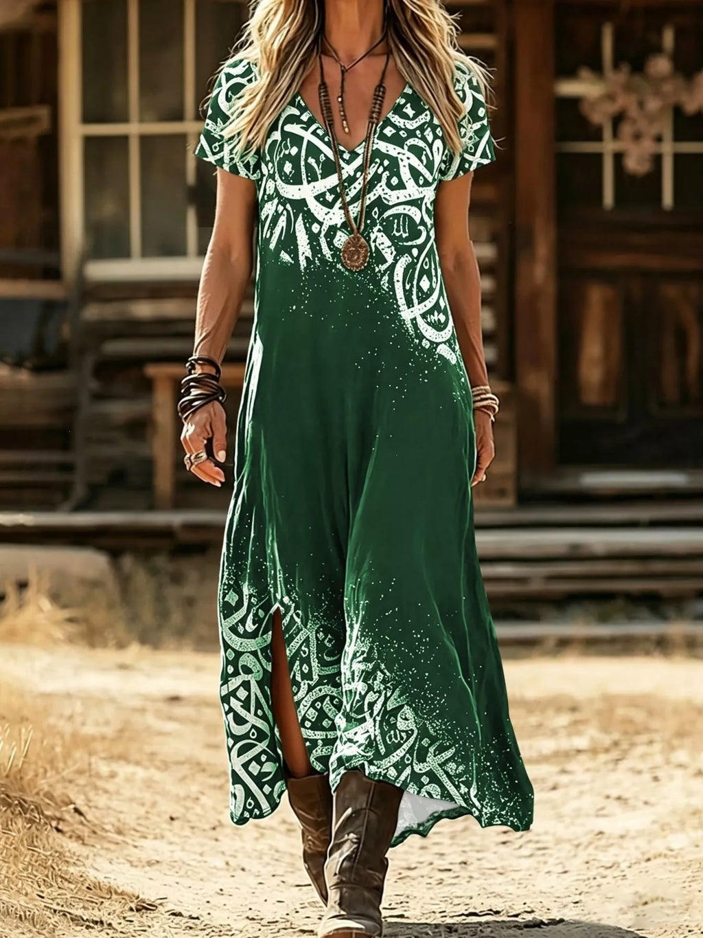 Printed Short Sleeve Midi Dress