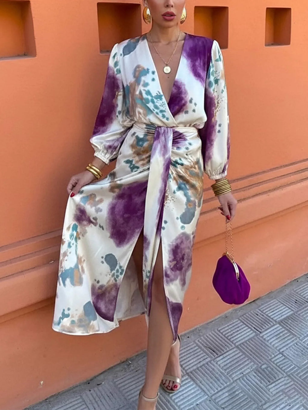 Full Size Slit Tie-Waist Abstract Print Midi Dress Plus Size