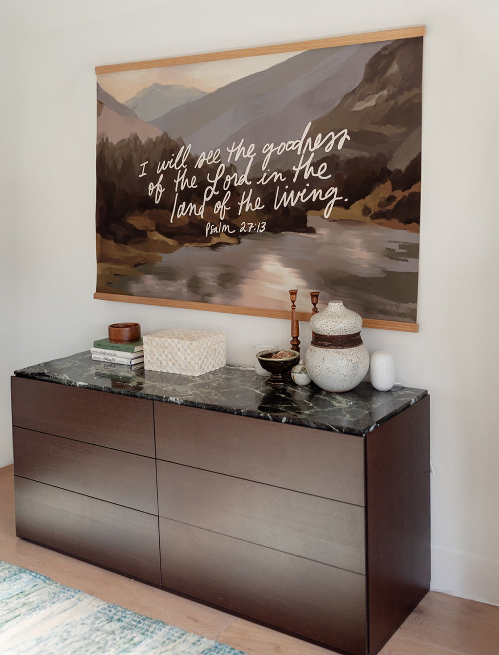 Large Canvas with Banner Wood: I Will See The Goodness, 60x40