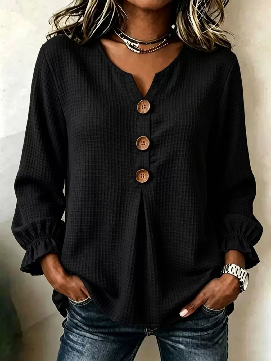 Waffle Knit Long Sleeve Top