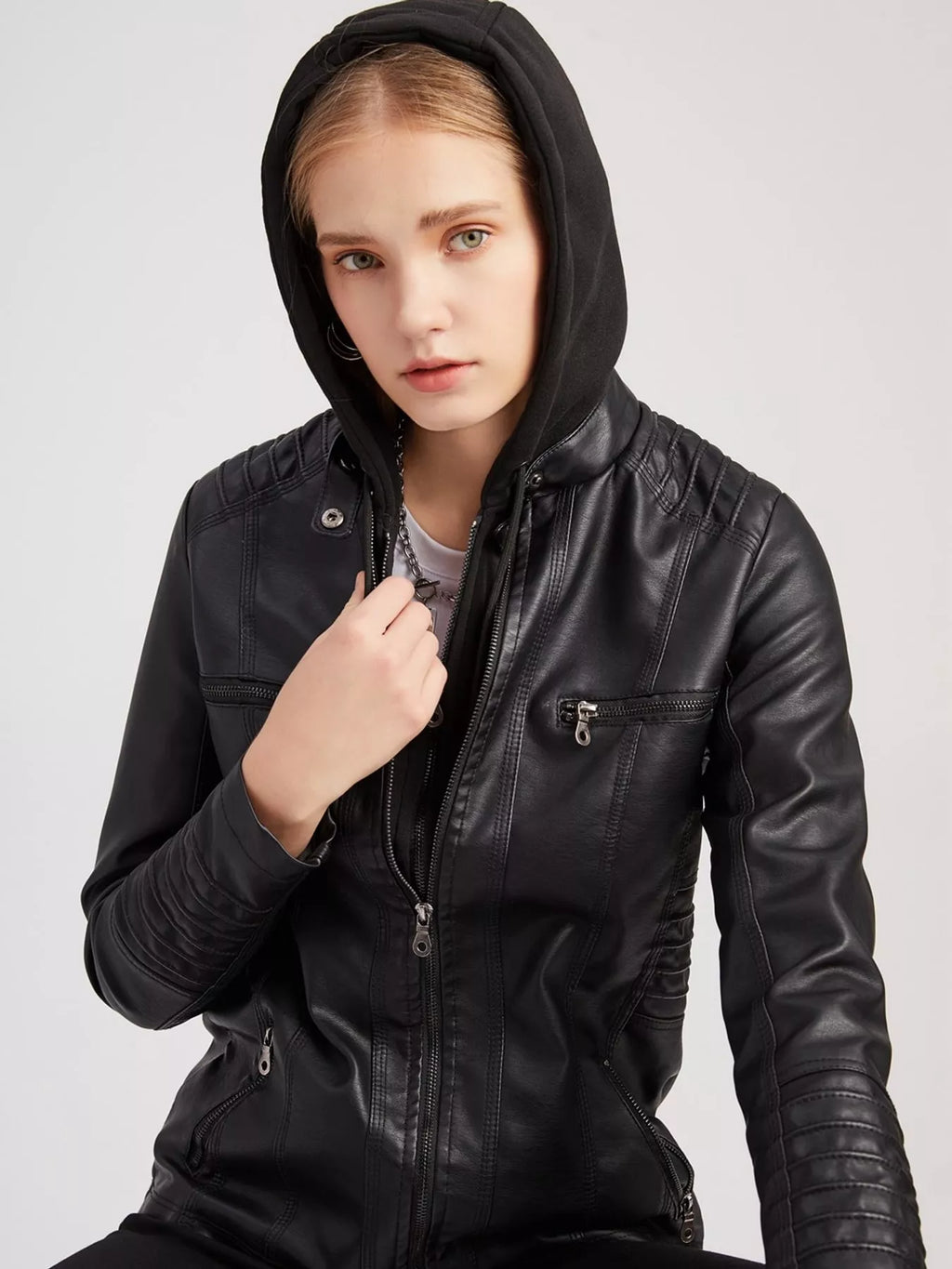 Full Size Detachable Hooded Faux Leather Moto Jacket Plus Size