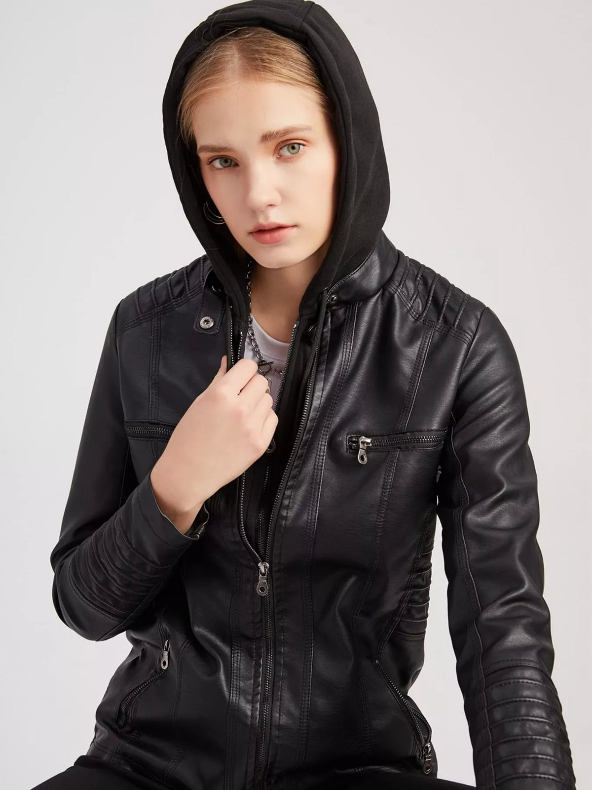 Full Size Detachable Hooded Faux Leather Moto Jacket Plus Size