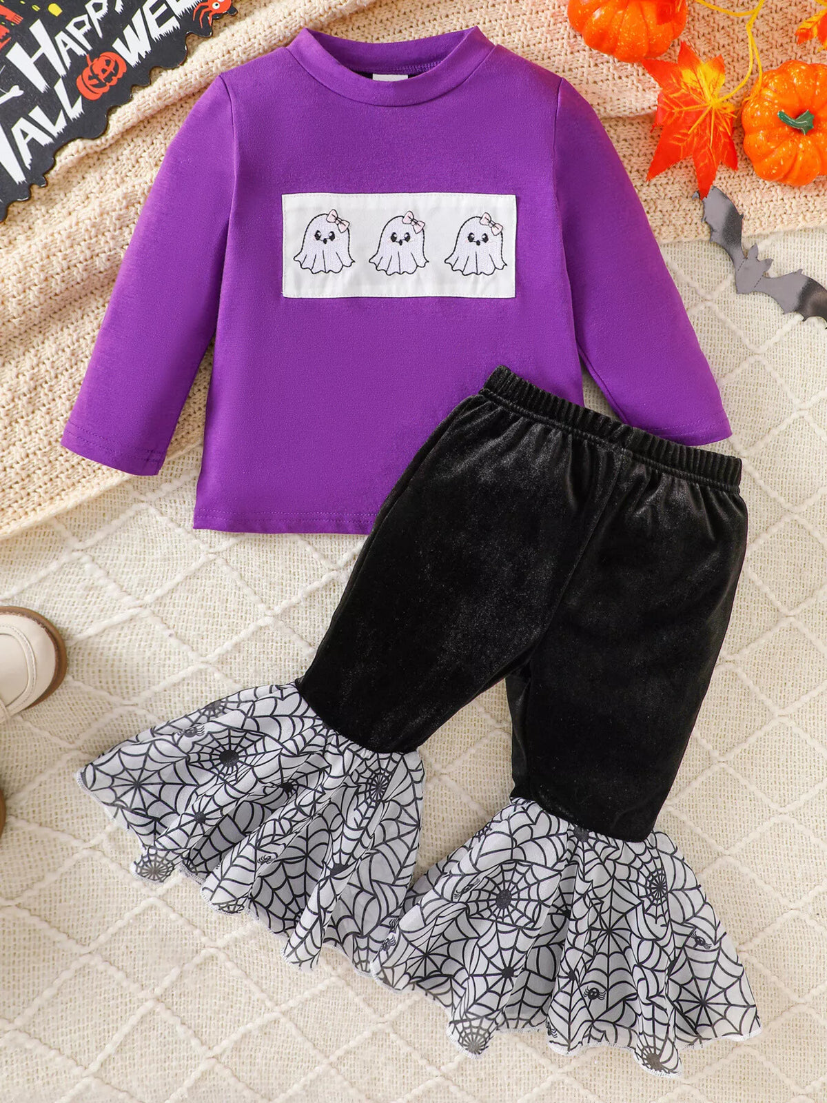 Children's Halloween Pumpkin Long Sleeve Top and Spiderweb Bell Bottom Set