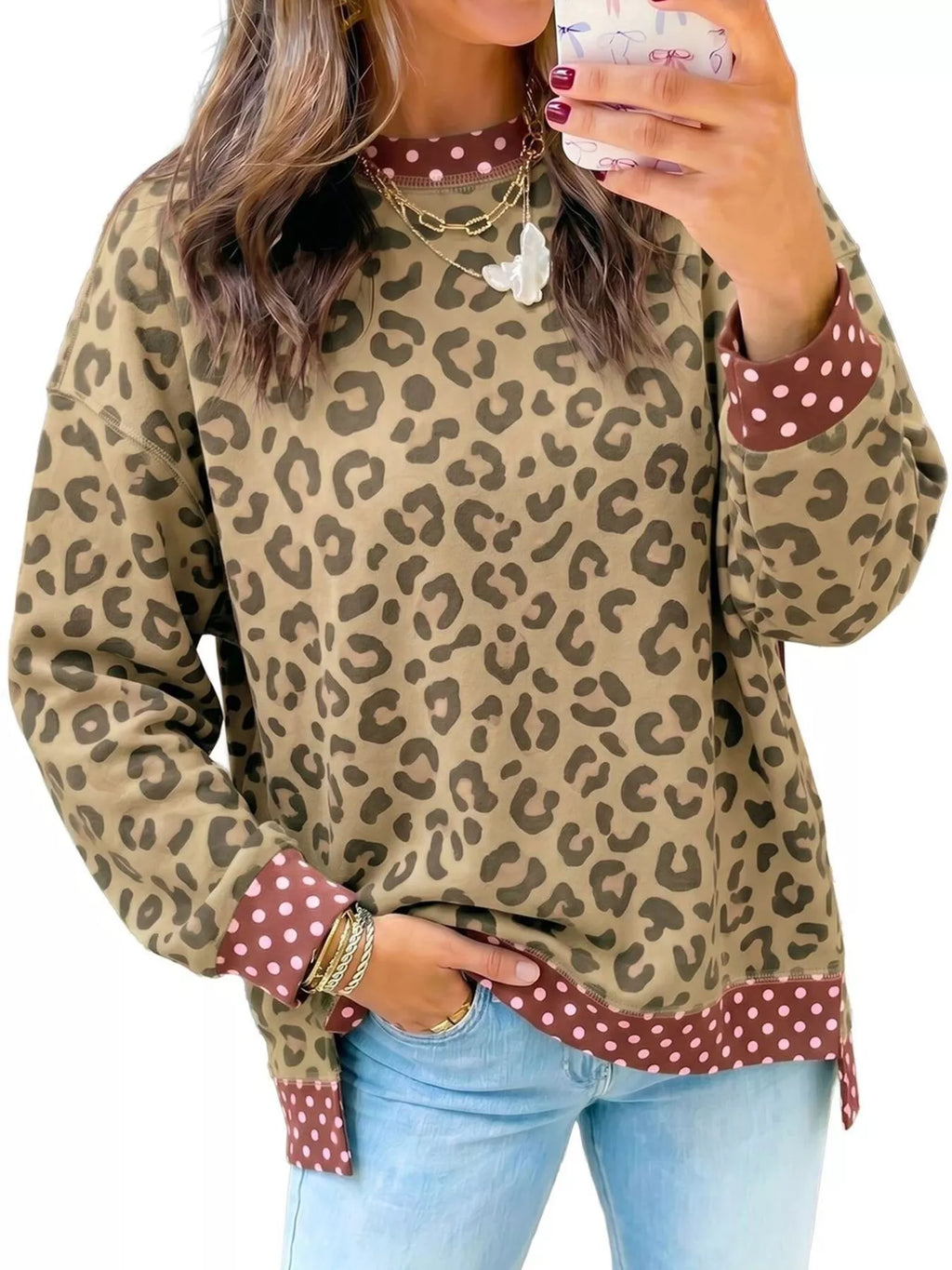 Side Slit Leopard Sweatshirt with Polka Dot Trim