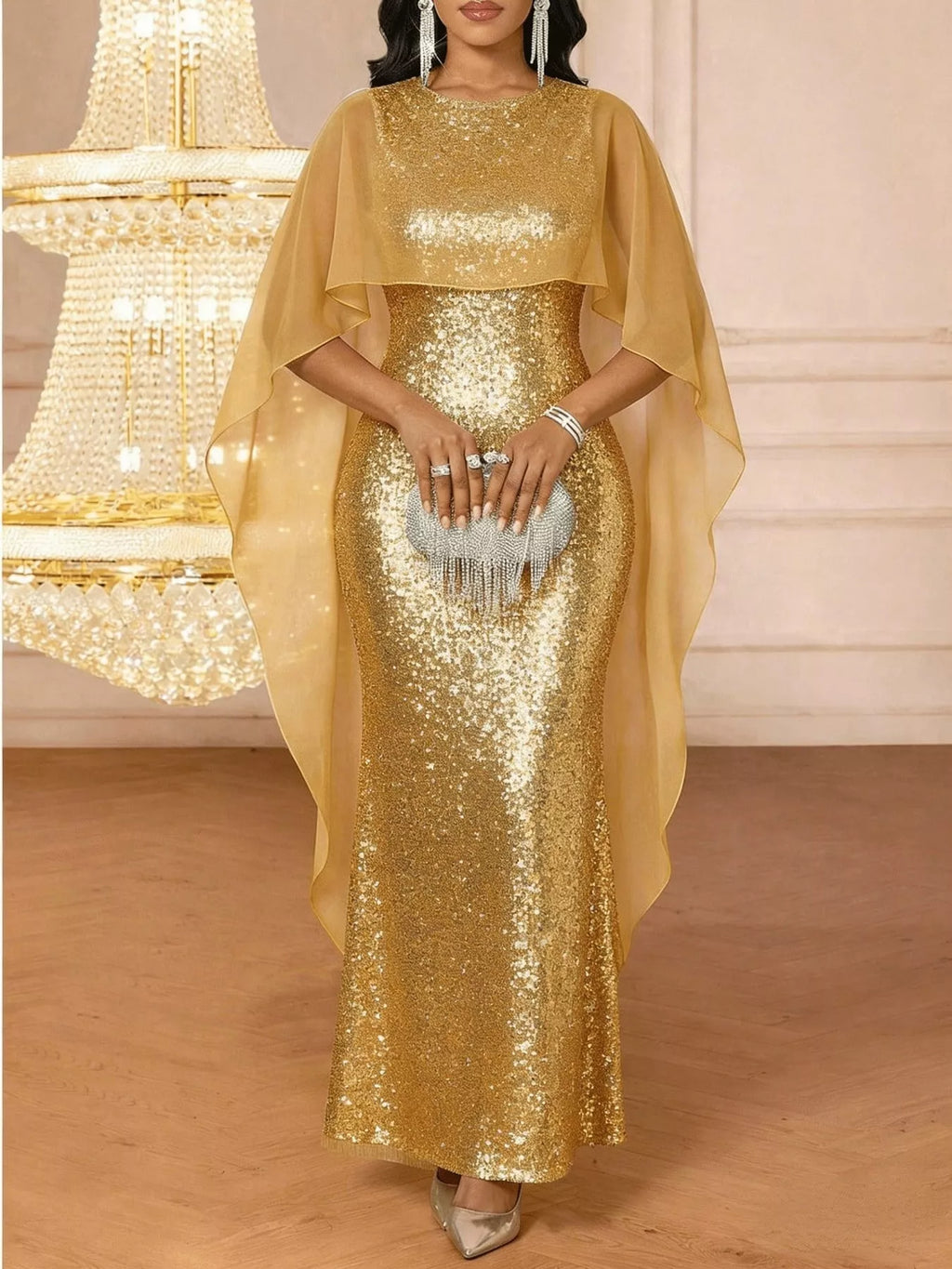 Sequin Cape Overlay Evening Dress
