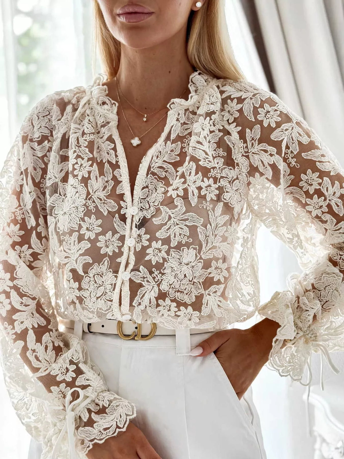 Sheer Lace Long Sleeve Shirt