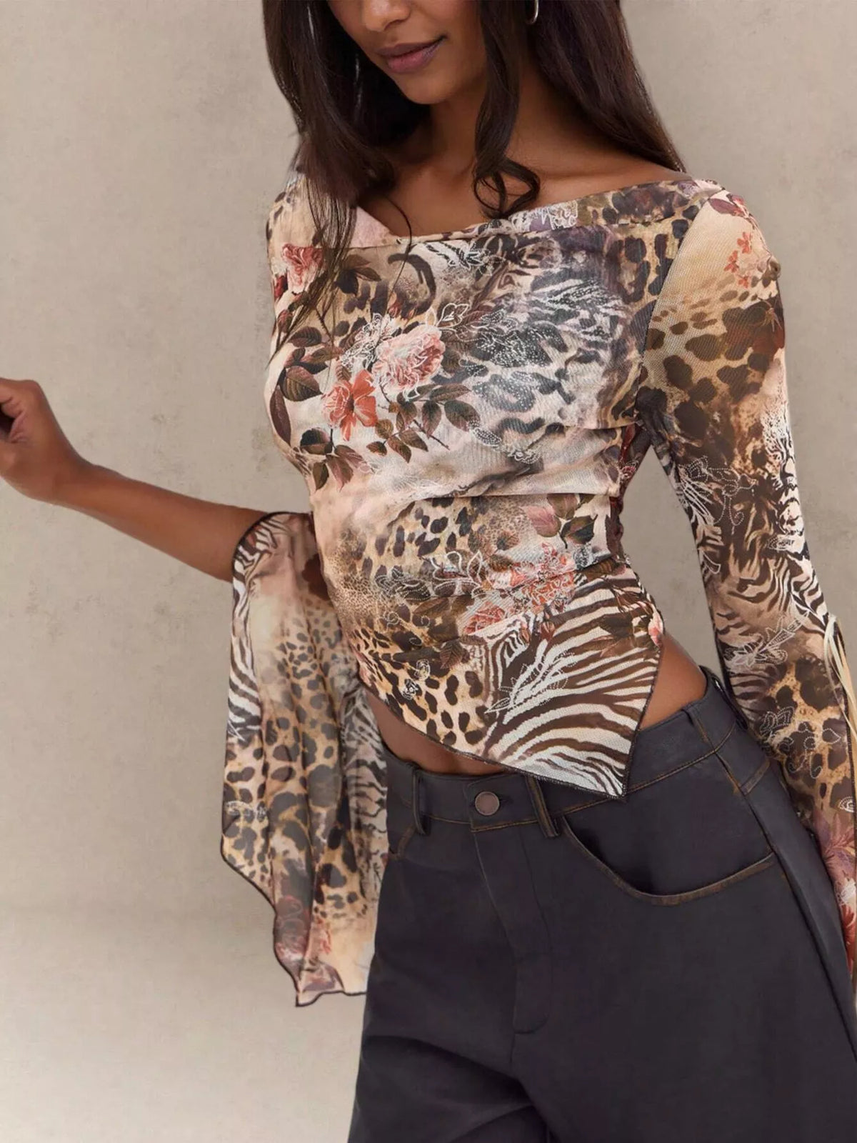 Mesh Floral Print Long Sleeve Asymmetric Top