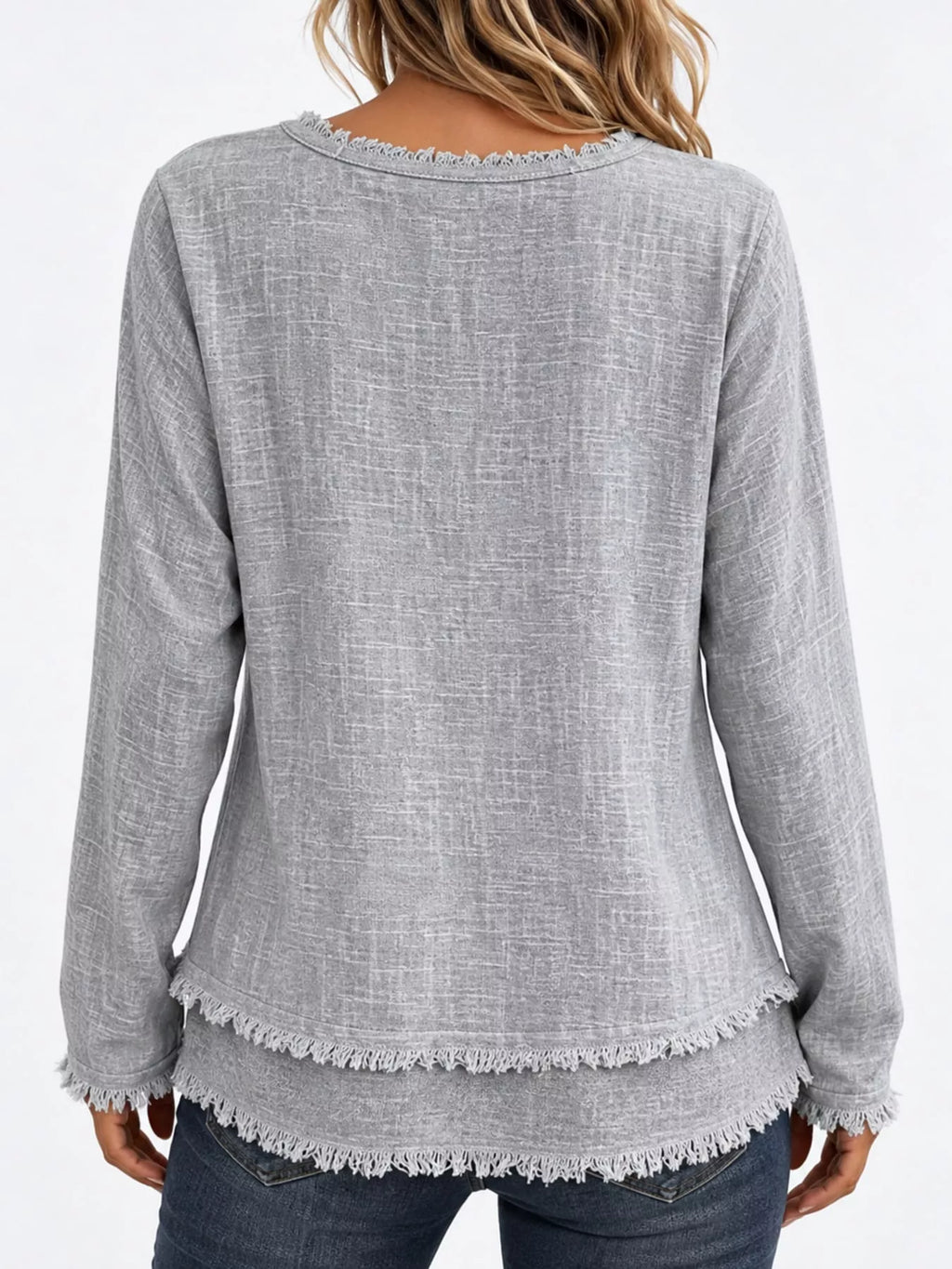 Full Size Frayed Hem V-Neck Long Sleeve Blouse Plus Size