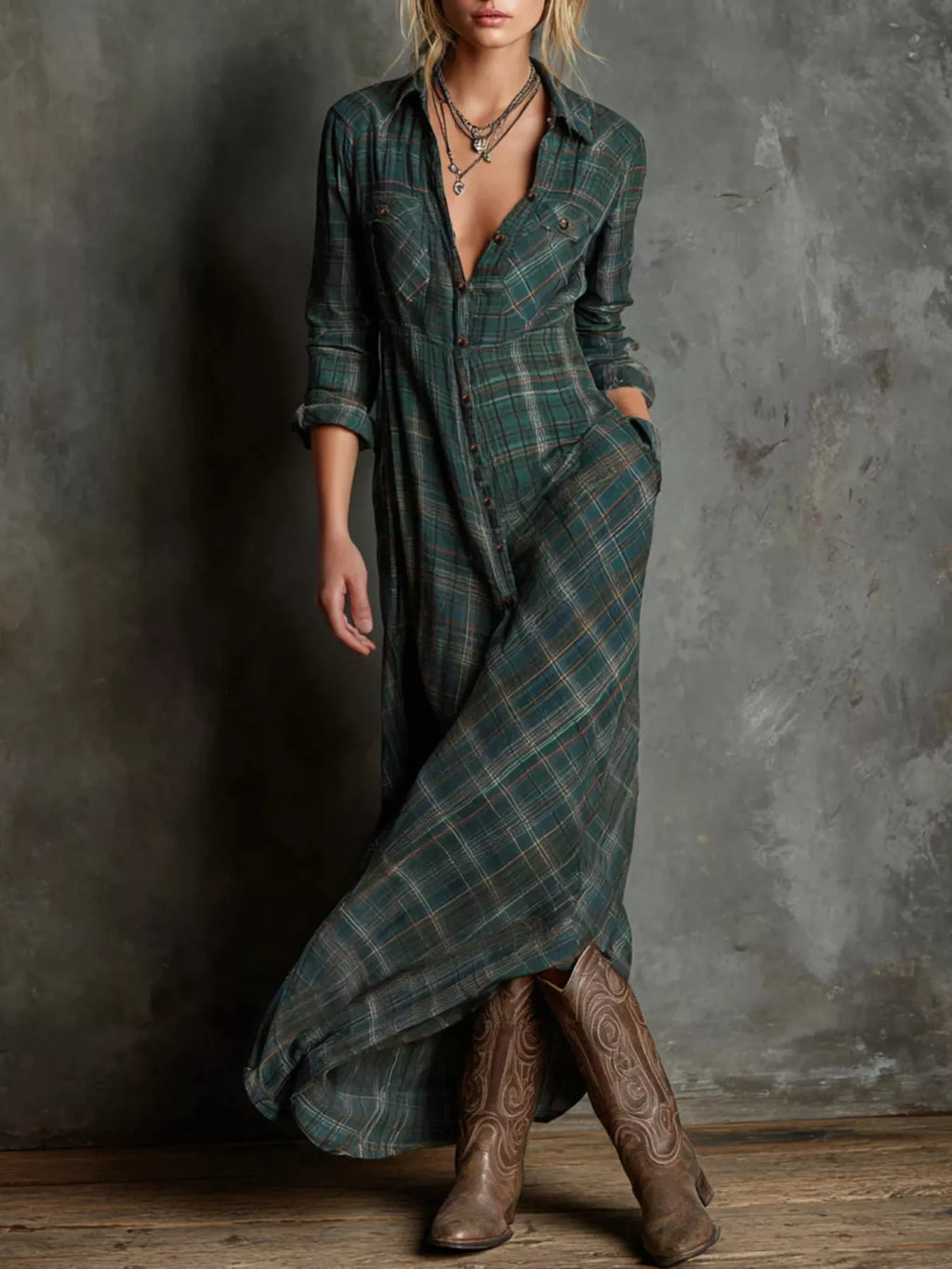 Vintage Plaid Button-Down Maxi Shirt Dress