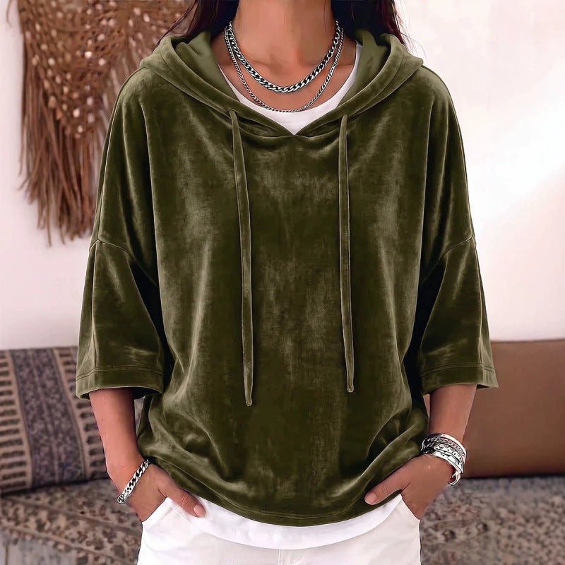 Solid-color Drawstring Three-quarter-sleeve Velvet Hoodie