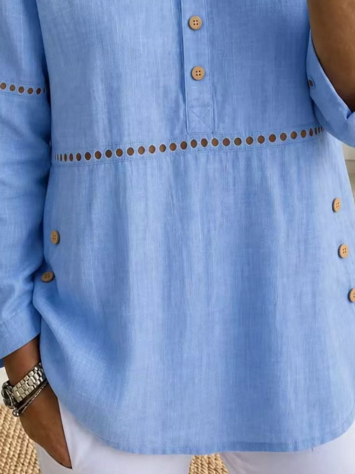 Full Size Button Detail Eyelet Long Sleeve Blouse Plus Size