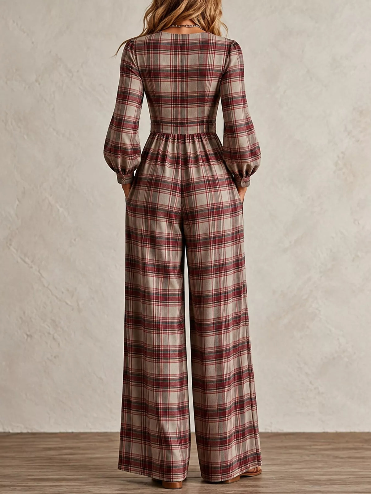 Plaid Square Neck Long Sleeve Wide-Leg Jumpsuit