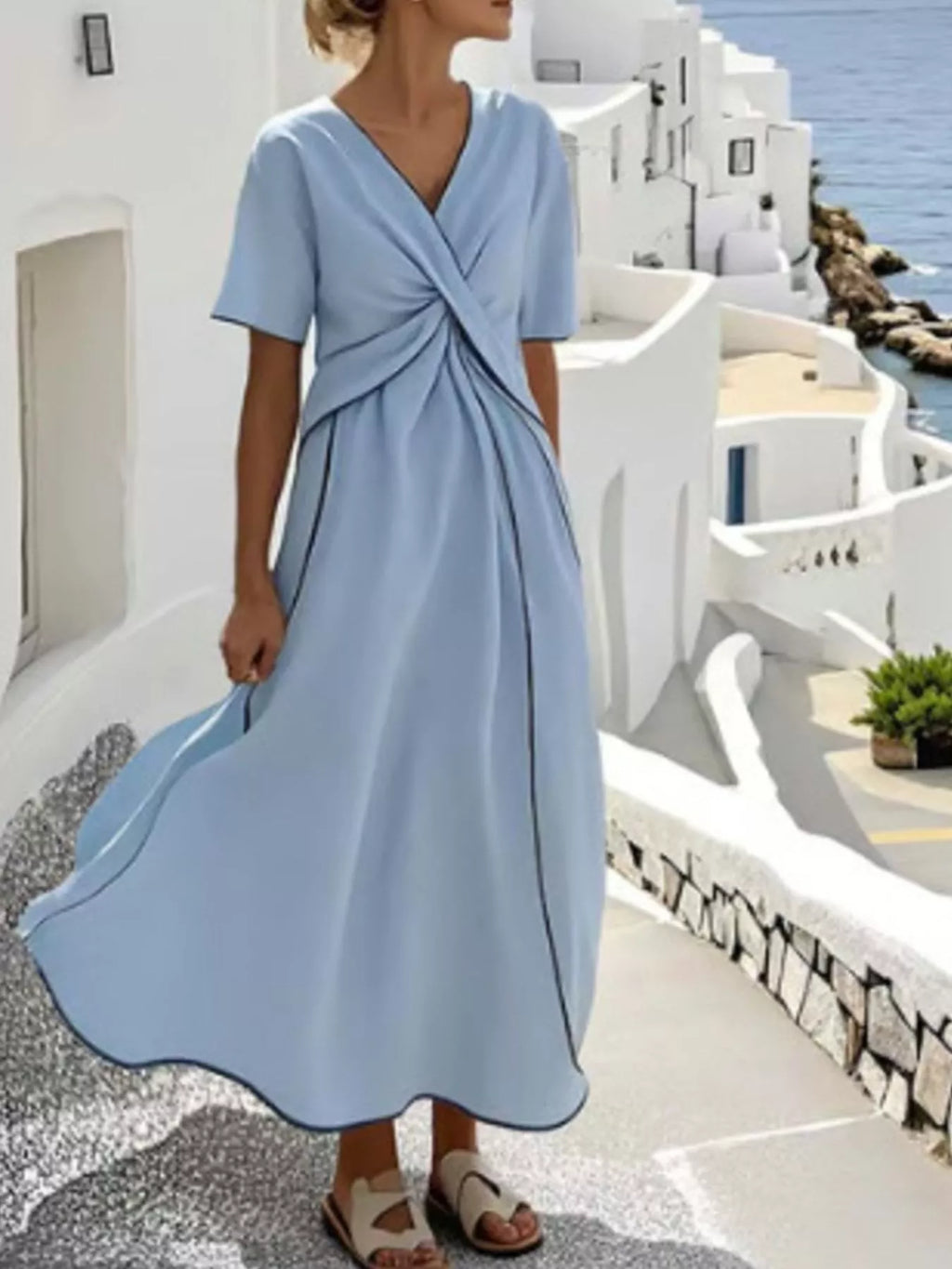 Full Size Striped Surplice Half Sleeve Midi Dress Plus Size