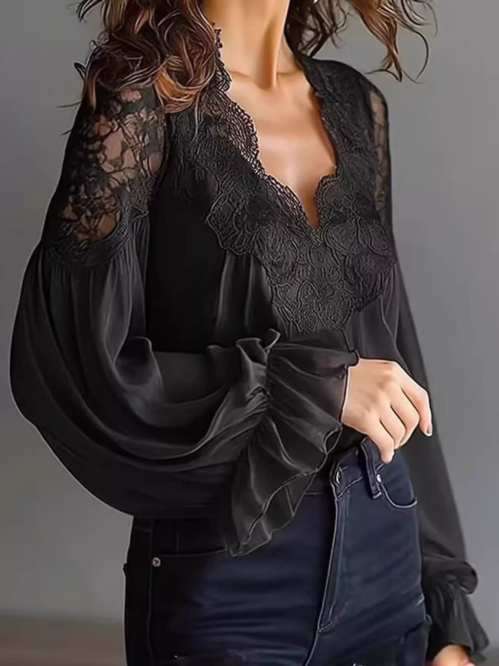 Full Size Lace V-Neck Flounce Sleeve Blouse Plus Size