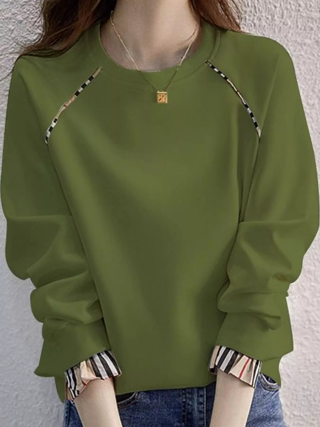 Plaid-Trimmed Crew Neck Sweatshirt