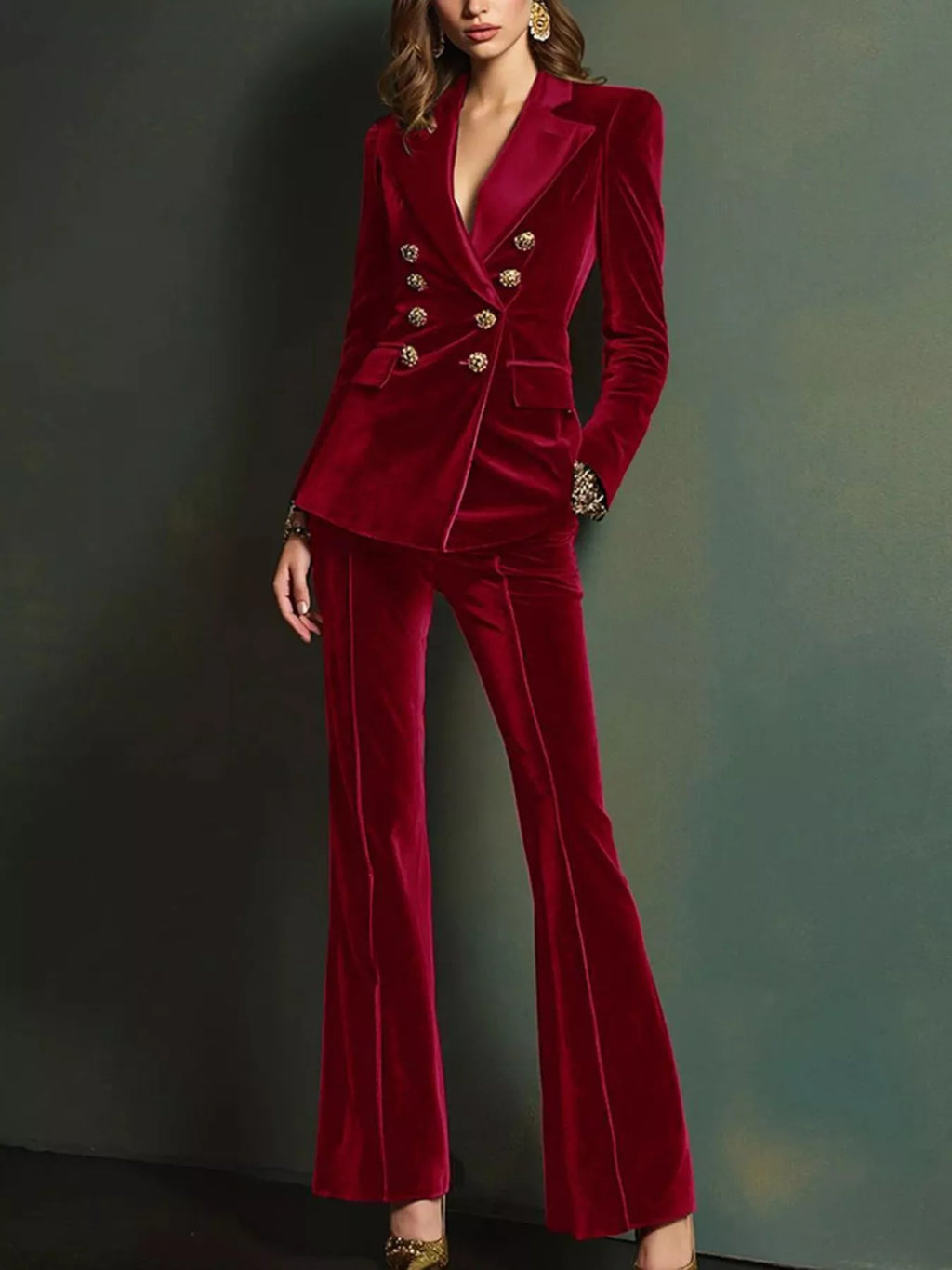 Velvet Double-Breasted Blazer and Flare Pant Set