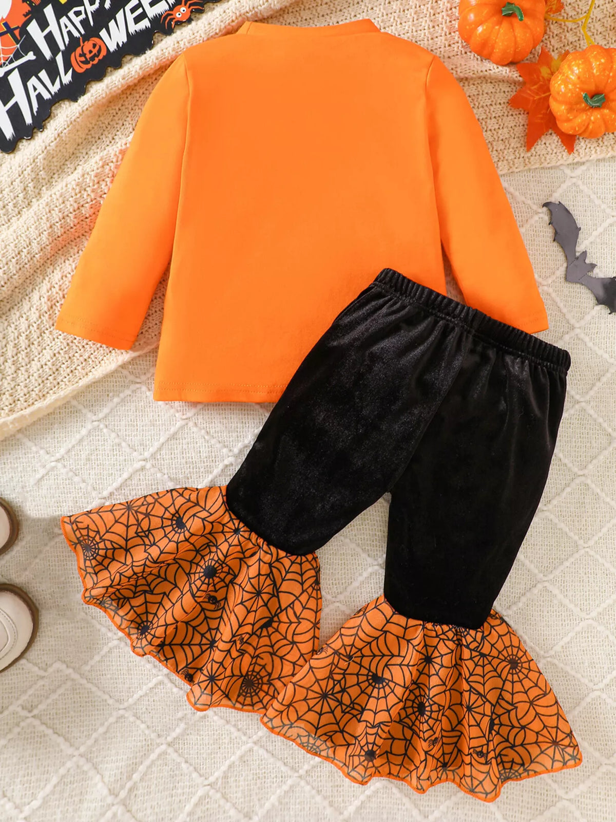 Children's Halloween Pumpkin Long Sleeve Top and Spiderweb Bell Bottom Set