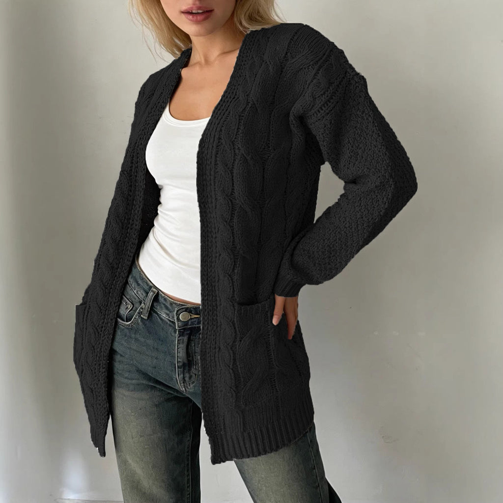 Solid-color Cable-knit Pocket Jacket For Women