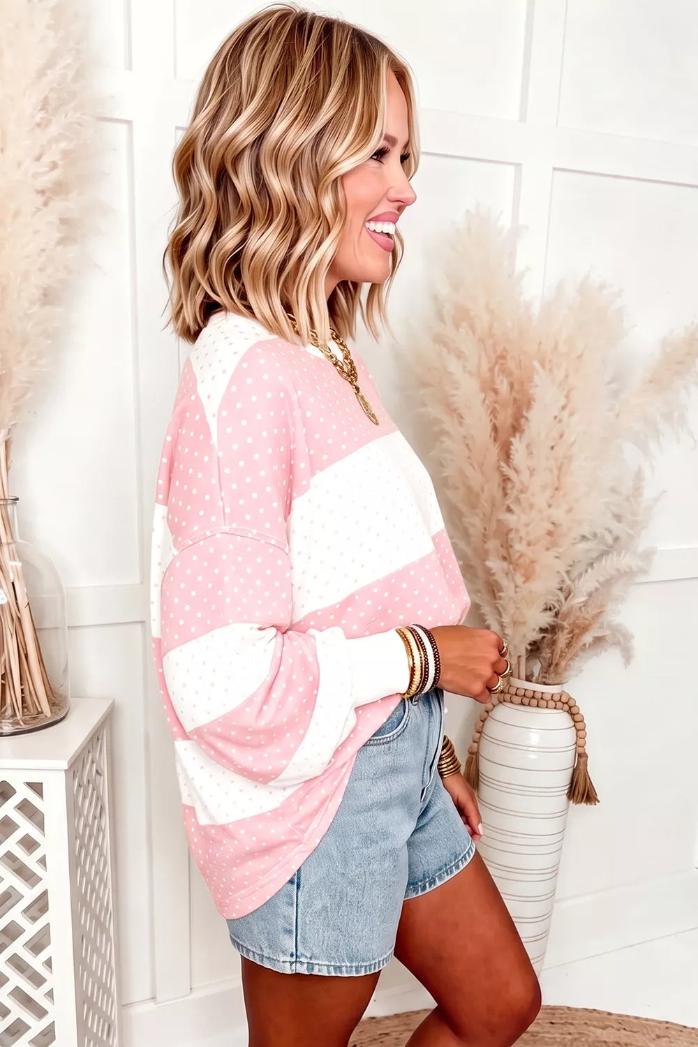 Casual Color-Block Polka Dot Long Sleeve Top
