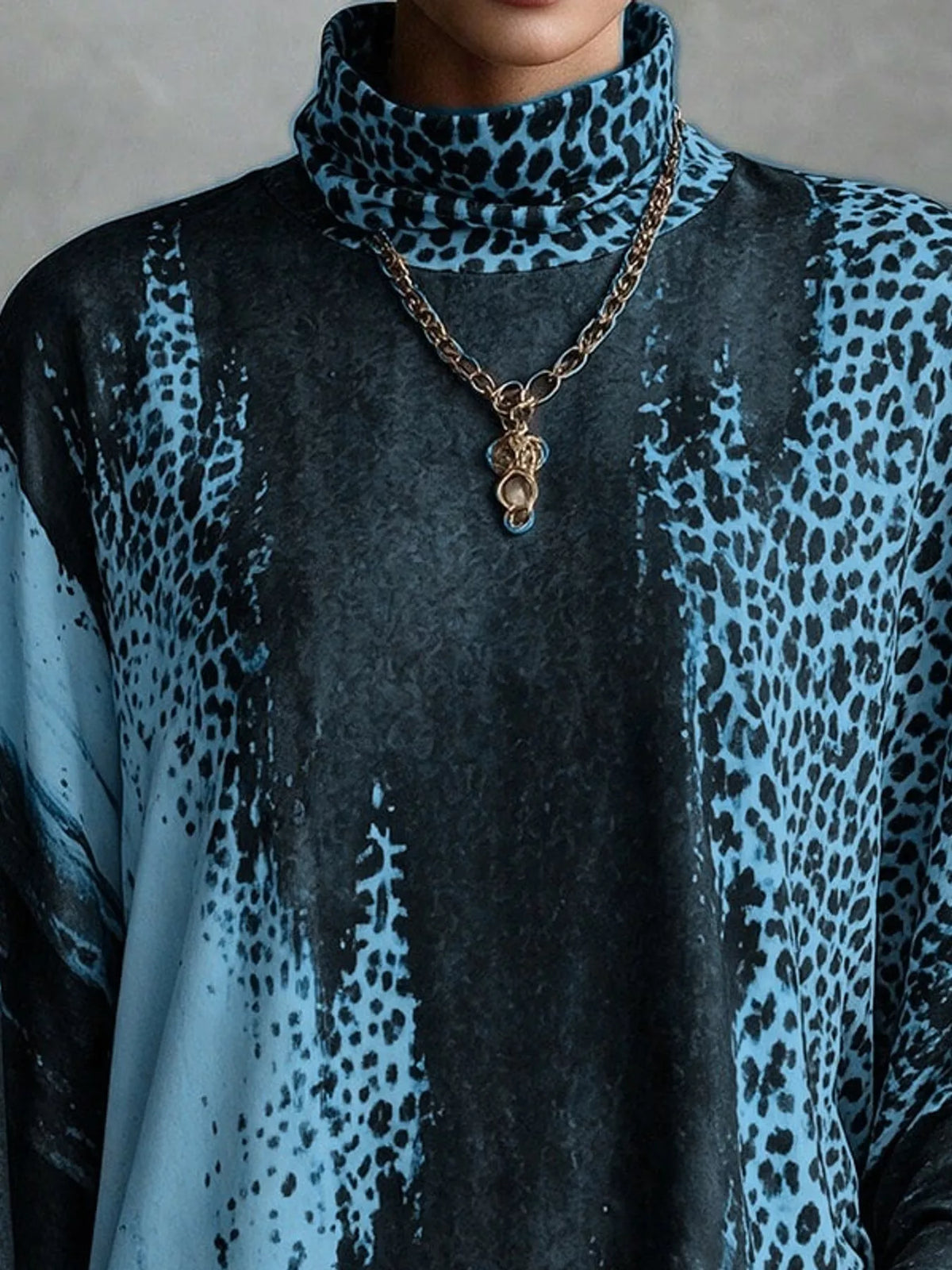 Leopard Print Mock Neck Fringe Hem Mini Dress