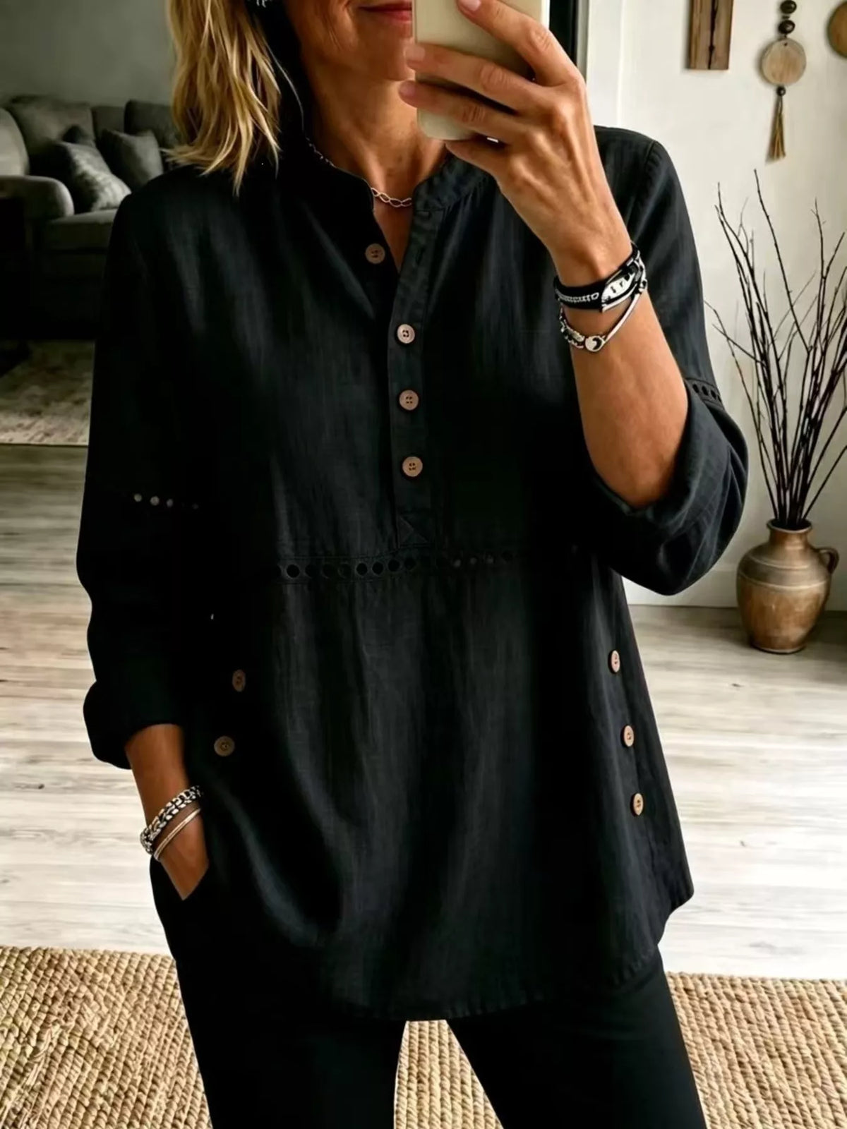 Full Size Button Detail Eyelet Long Sleeve Blouse Plus Size