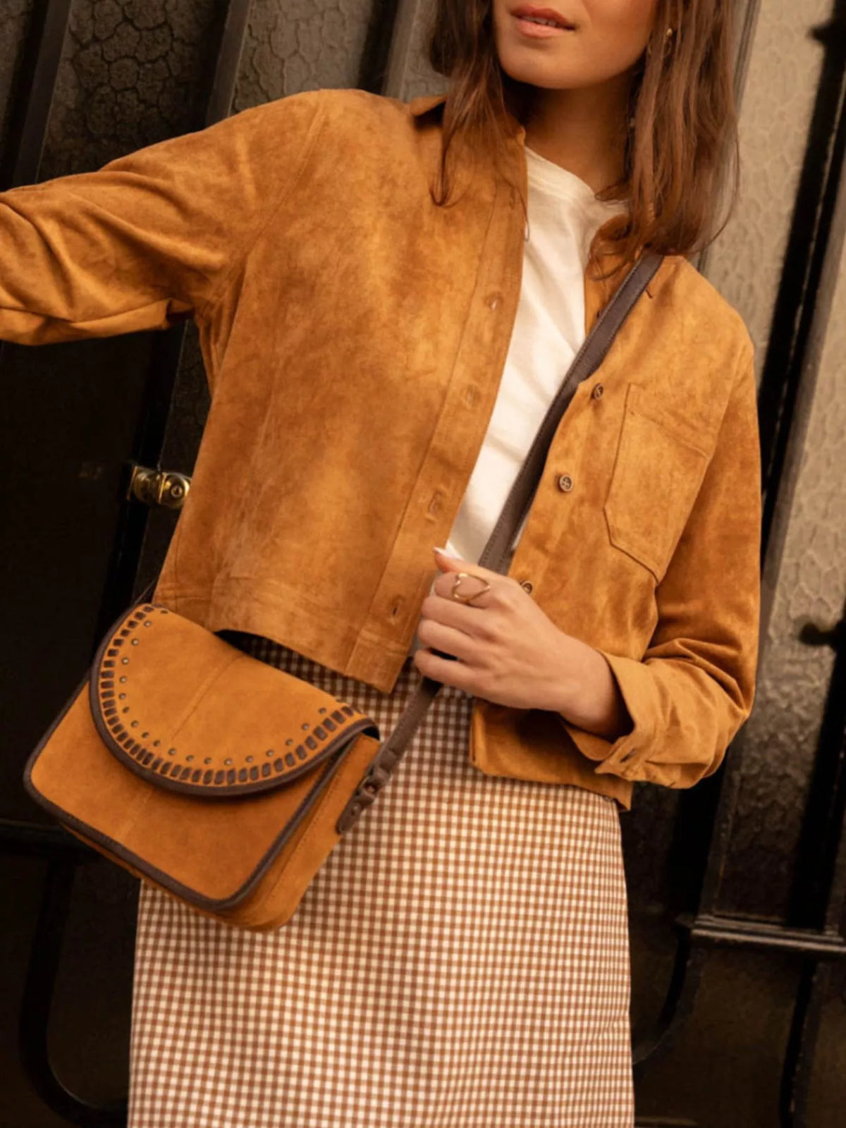 Cropped Faux Suede Button-Down Jacket