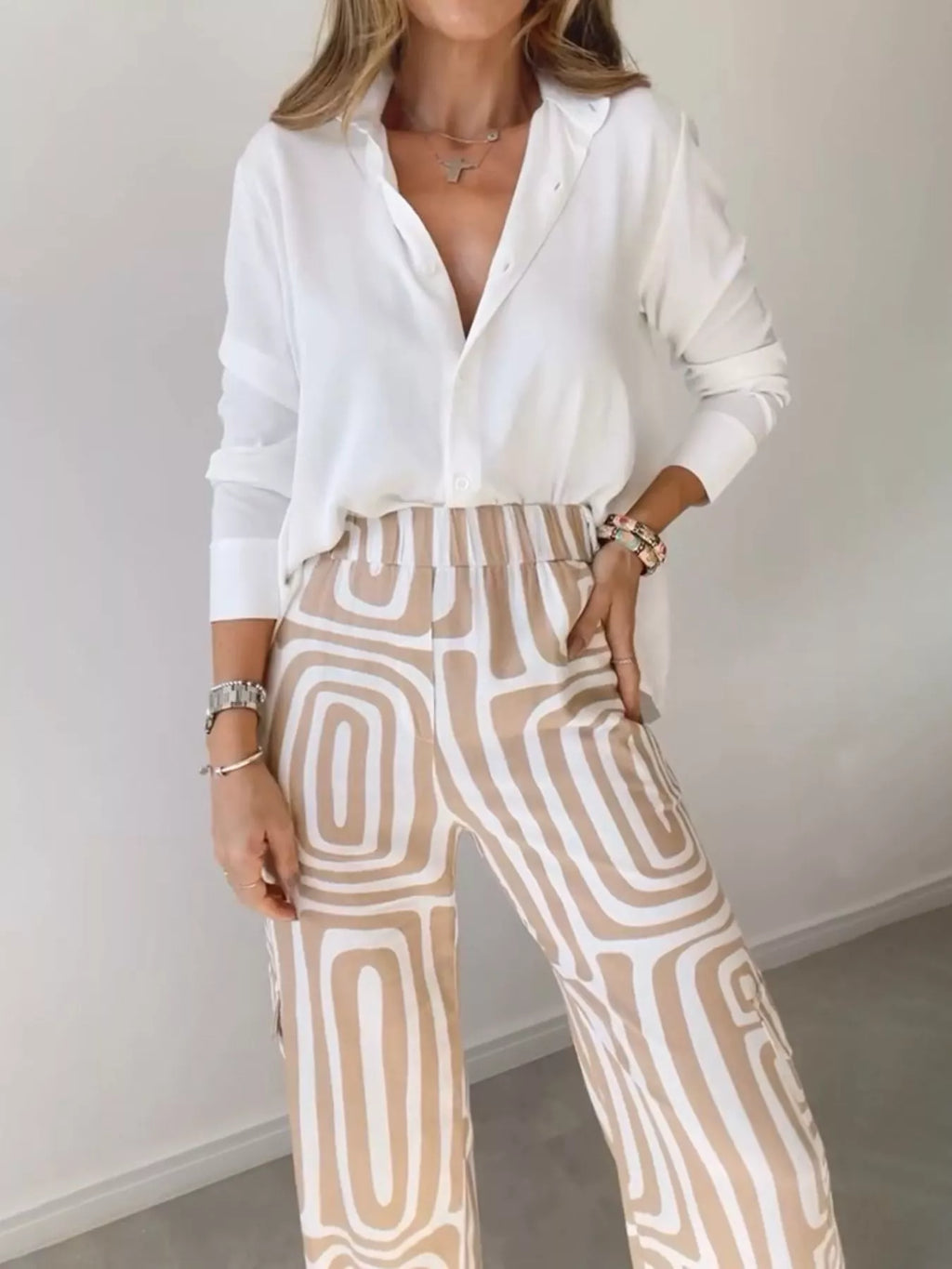 Full Size Chic Button-Down Shirt and Geometric Wide-Leg Pants Set Plus Size
