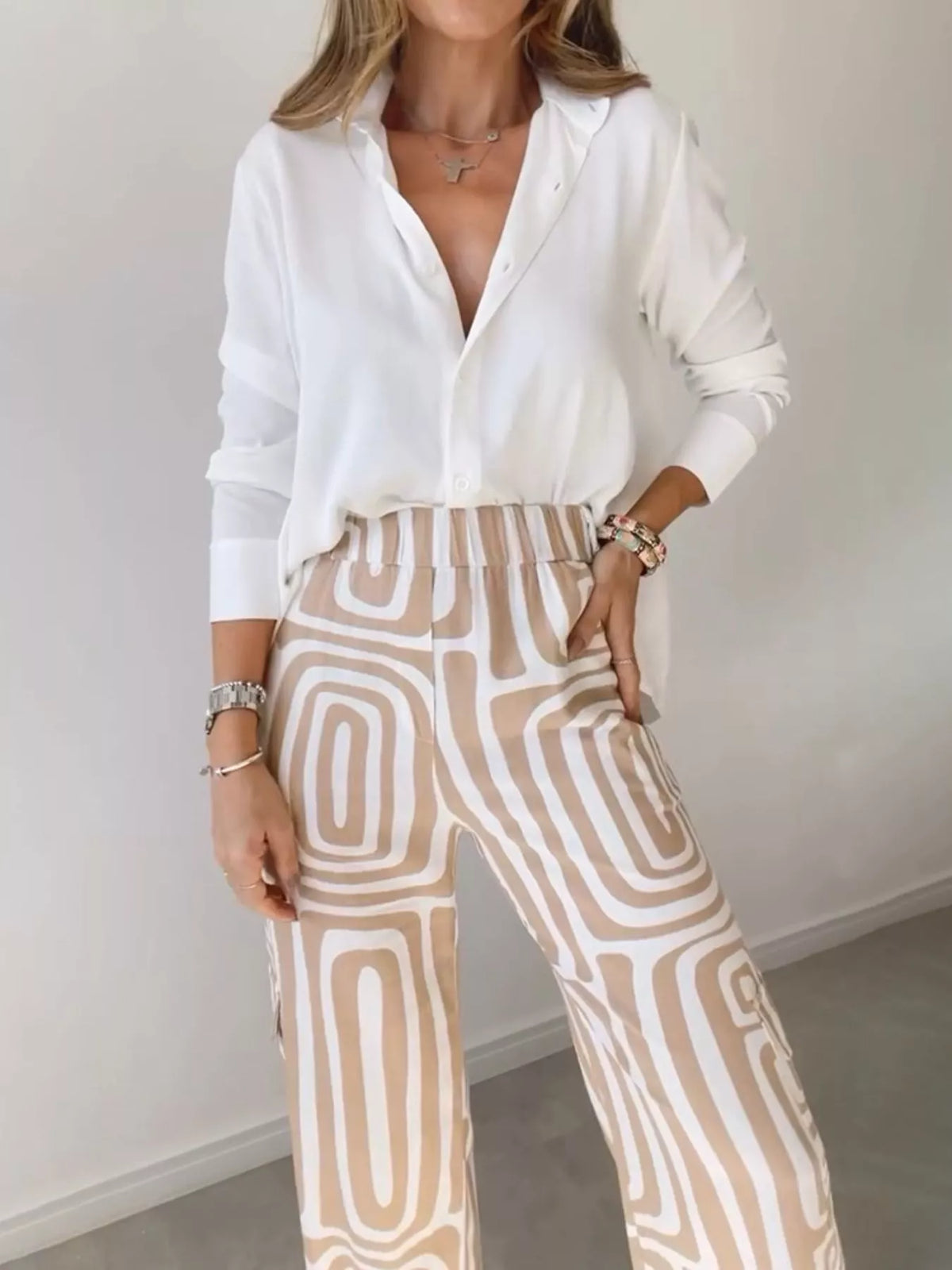 Full Size Chic Button-Down Shirt and Geometric Wide-Leg Pants Set Plus Size