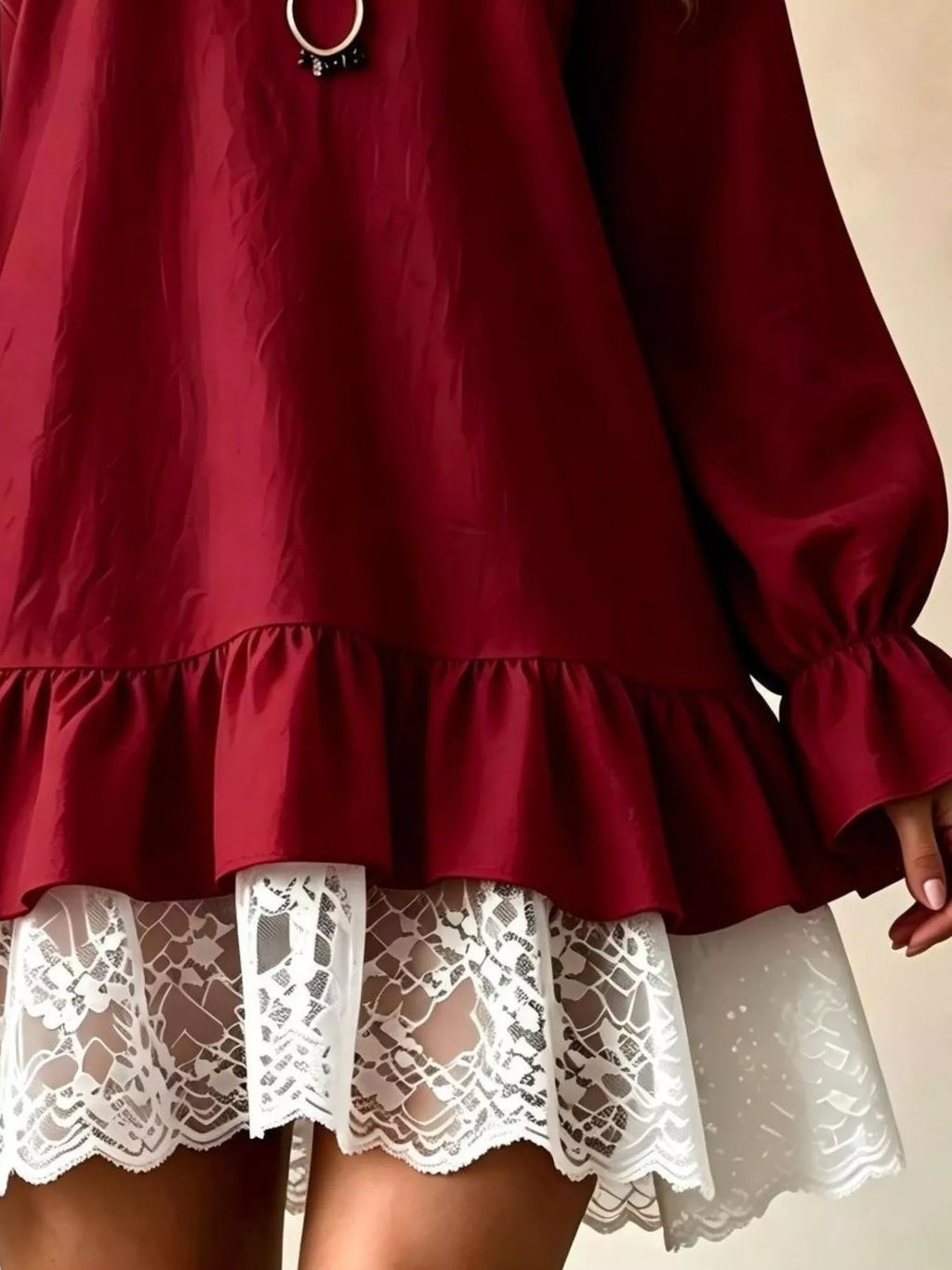 V-Neck Long Sleeve Ruffle Hem Lace Trim Mini Dress