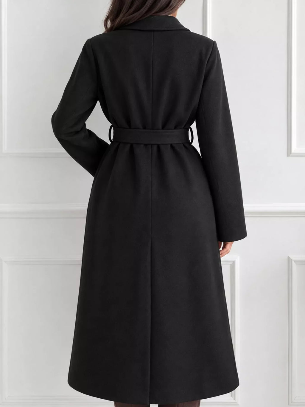 Lapel Collar Long Sleeve Belted Coat