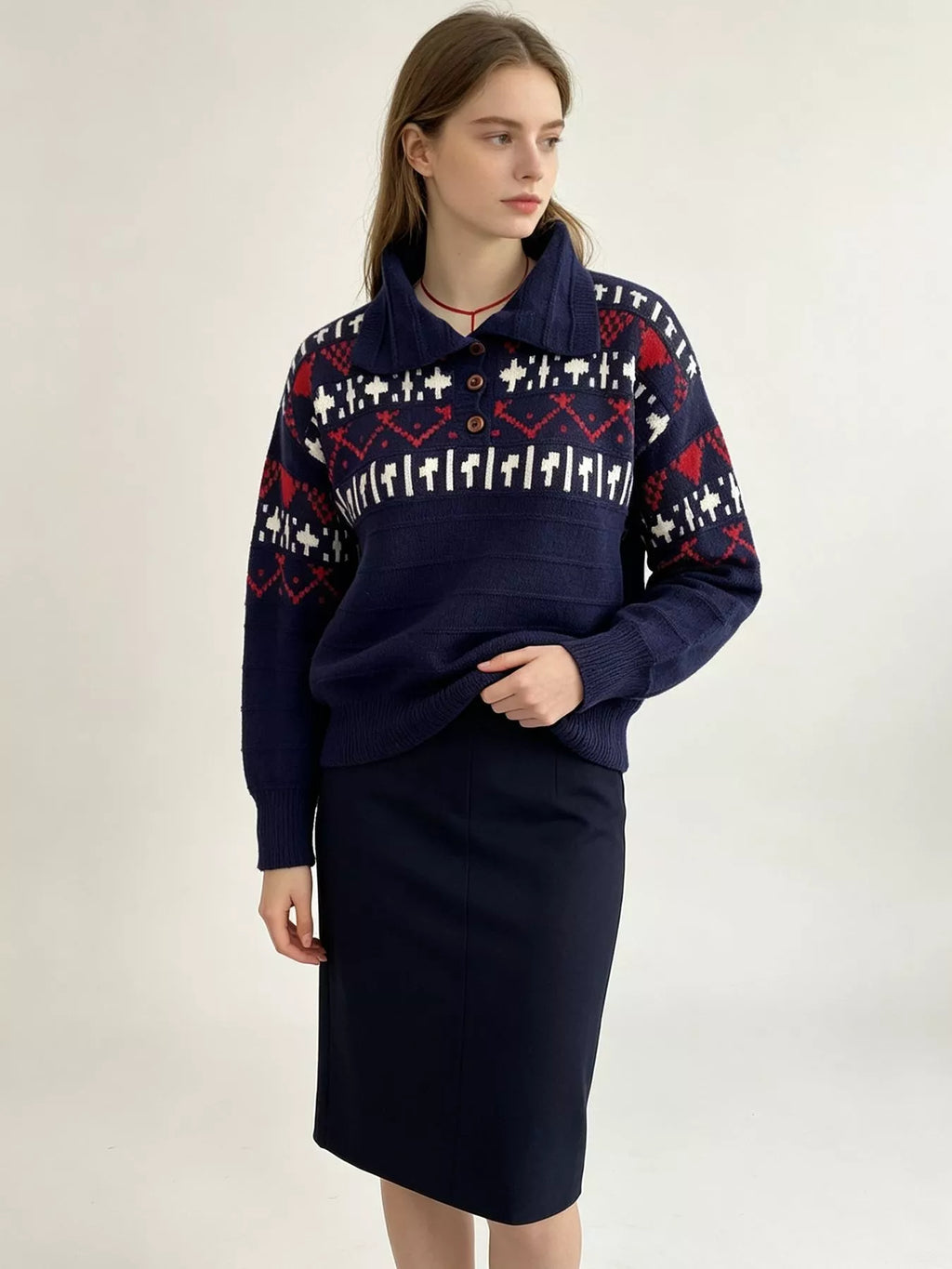 Vintage-Inspired Fair Isle Patterned Polo Sweater