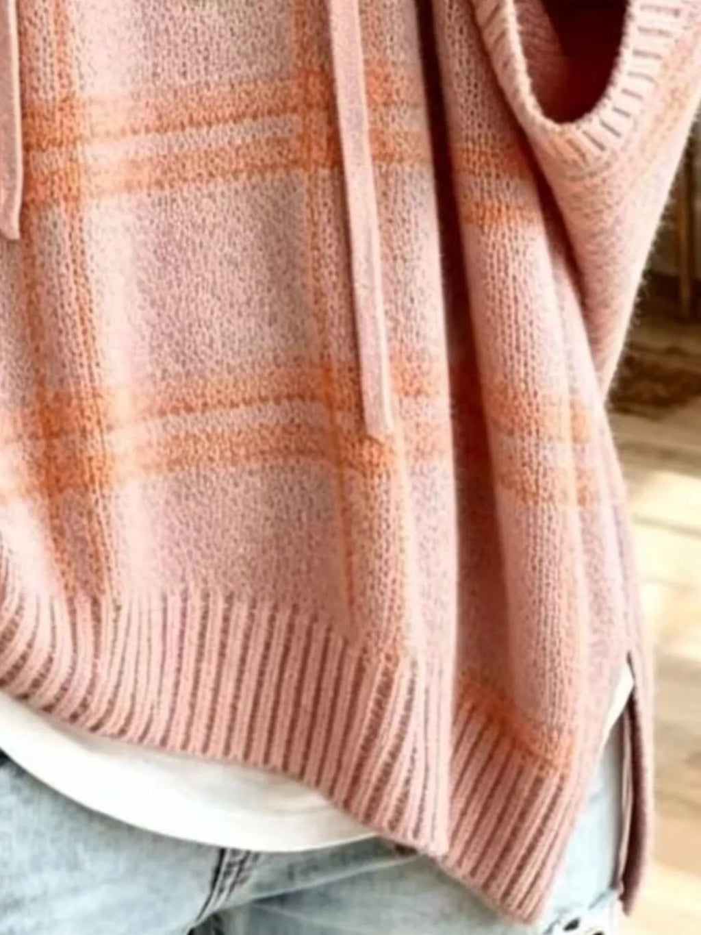 Full Size Drawstring Plaid Hooded Sweater Plus Size