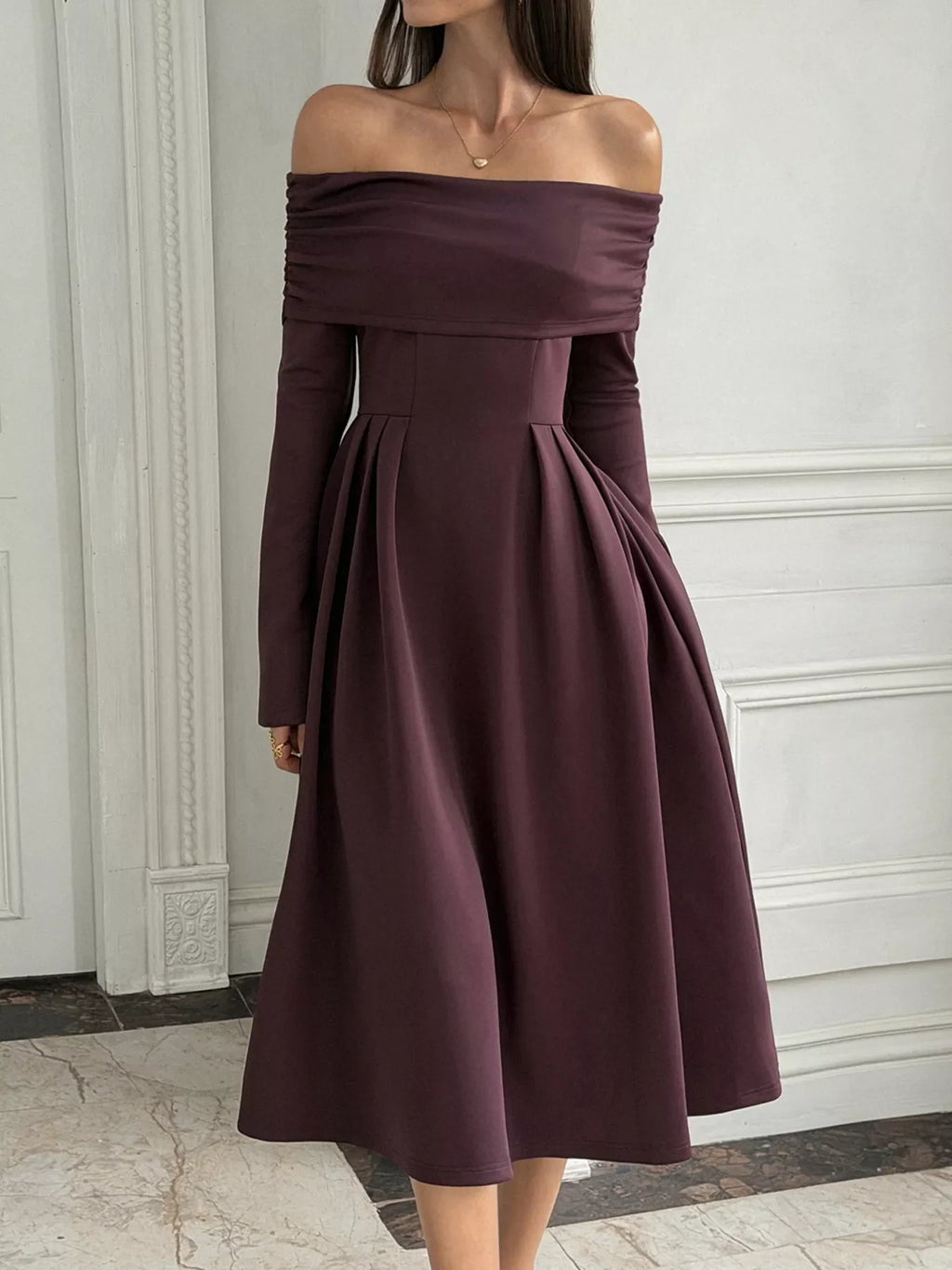 Off-Shoulder Long Sleeve Midi Dress