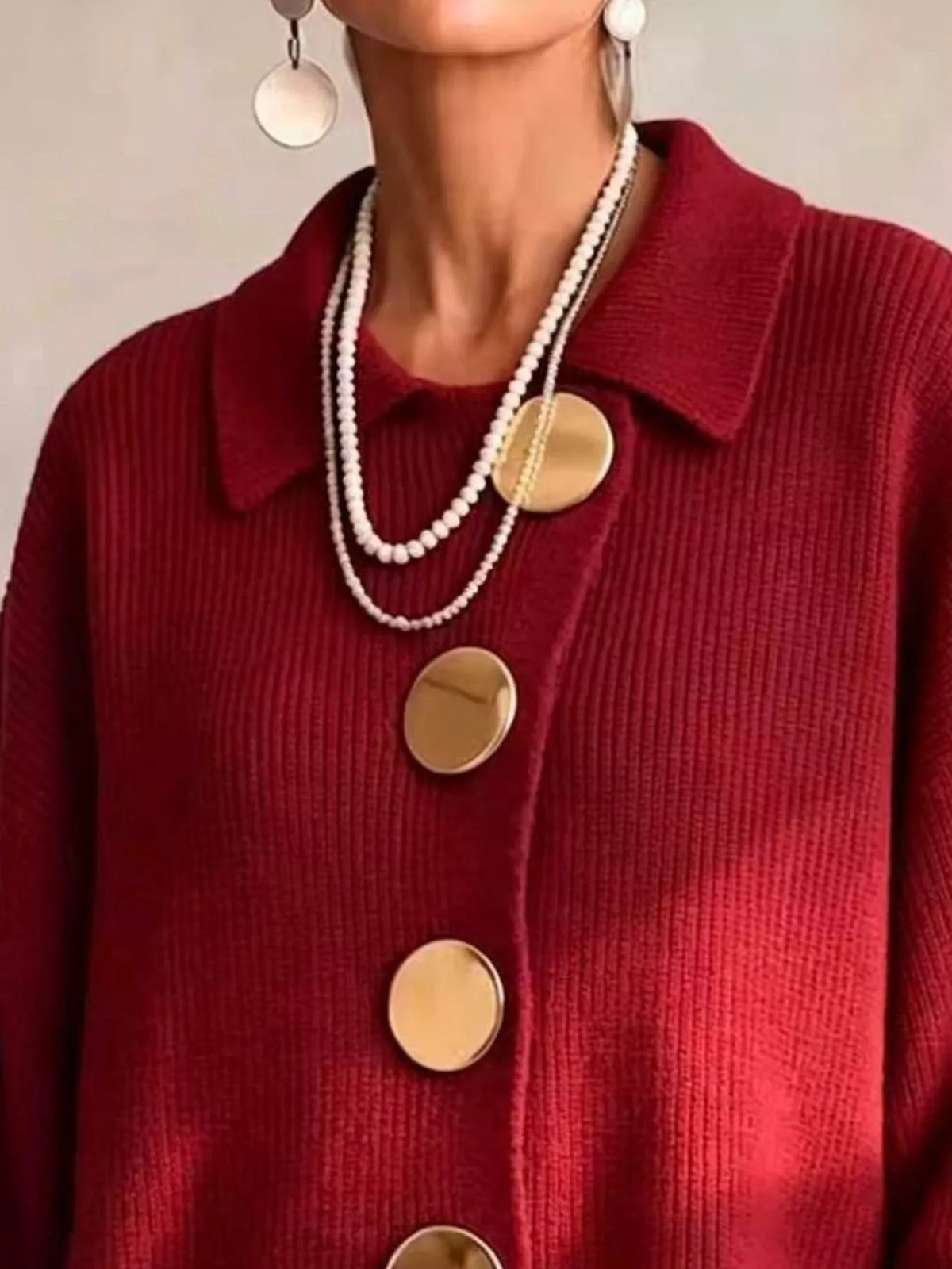 Full Size Ribbed Knit Gold Buttons Cardigan Plus Size