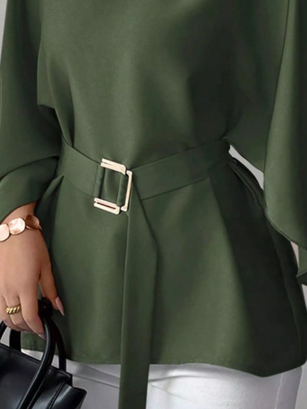 Round Neck Belt Batwing Sleeve Blouse