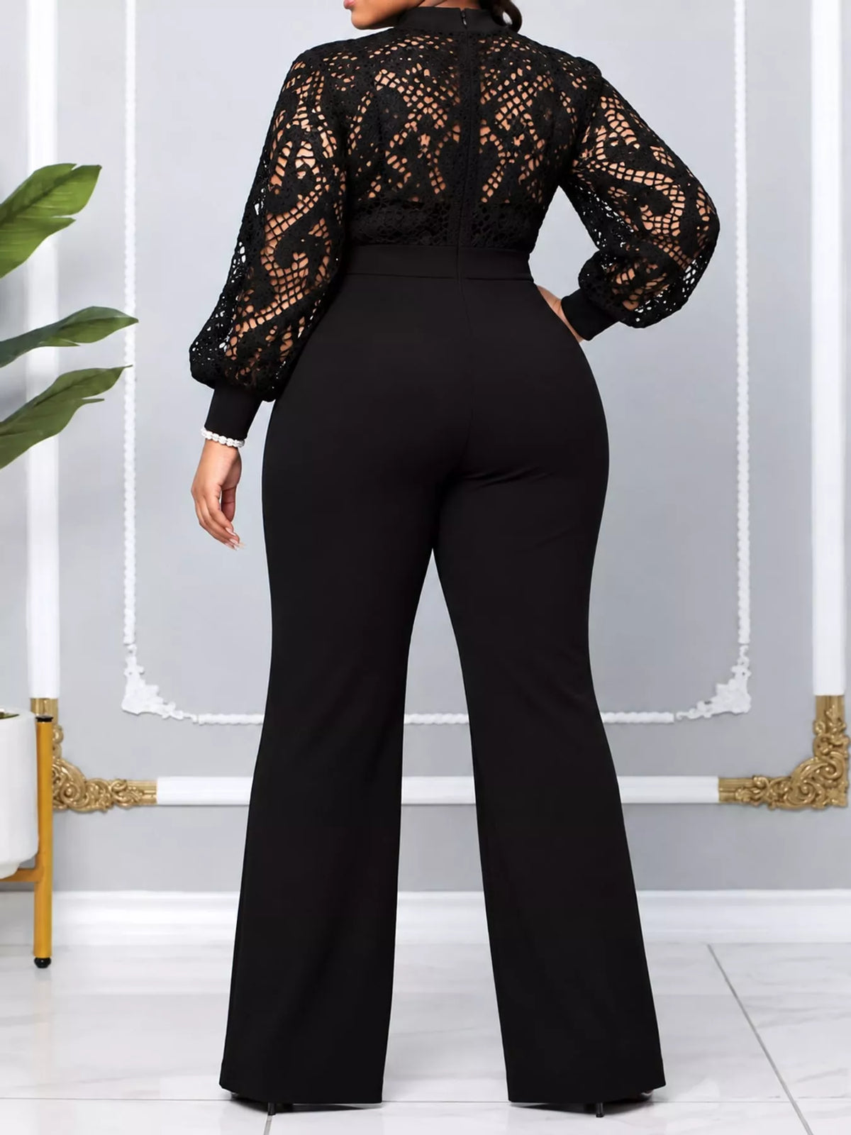 Full Size Lace Lantern Sleeve Flare Jumpsuit Plus Size