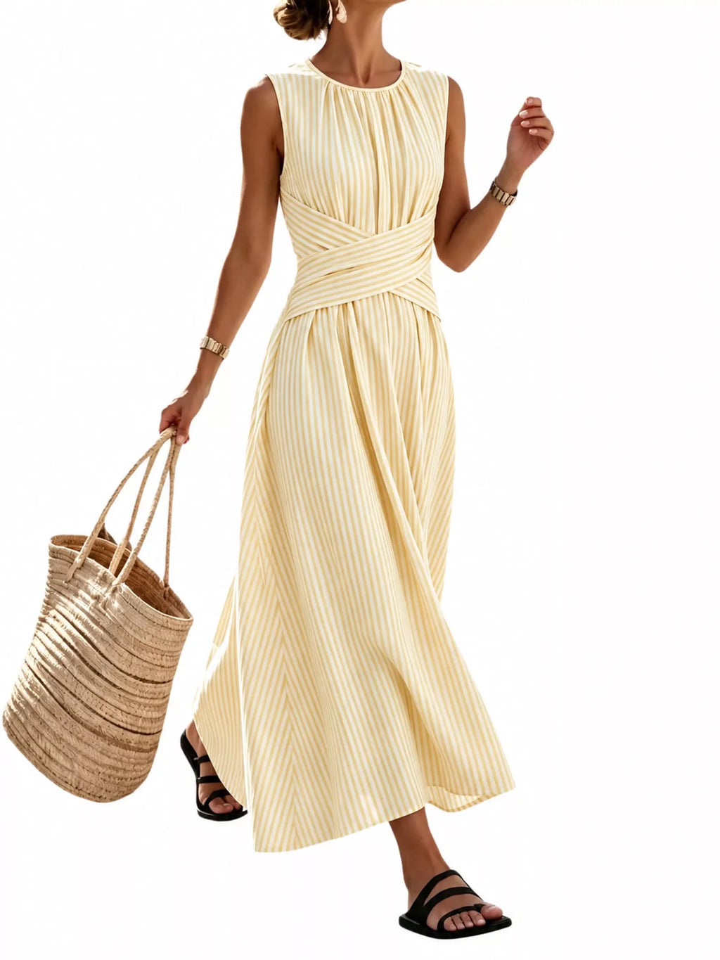 Full Size Sleeveless Striped Maxi Dress with Criss-Cross Waist Detail Plus Size
