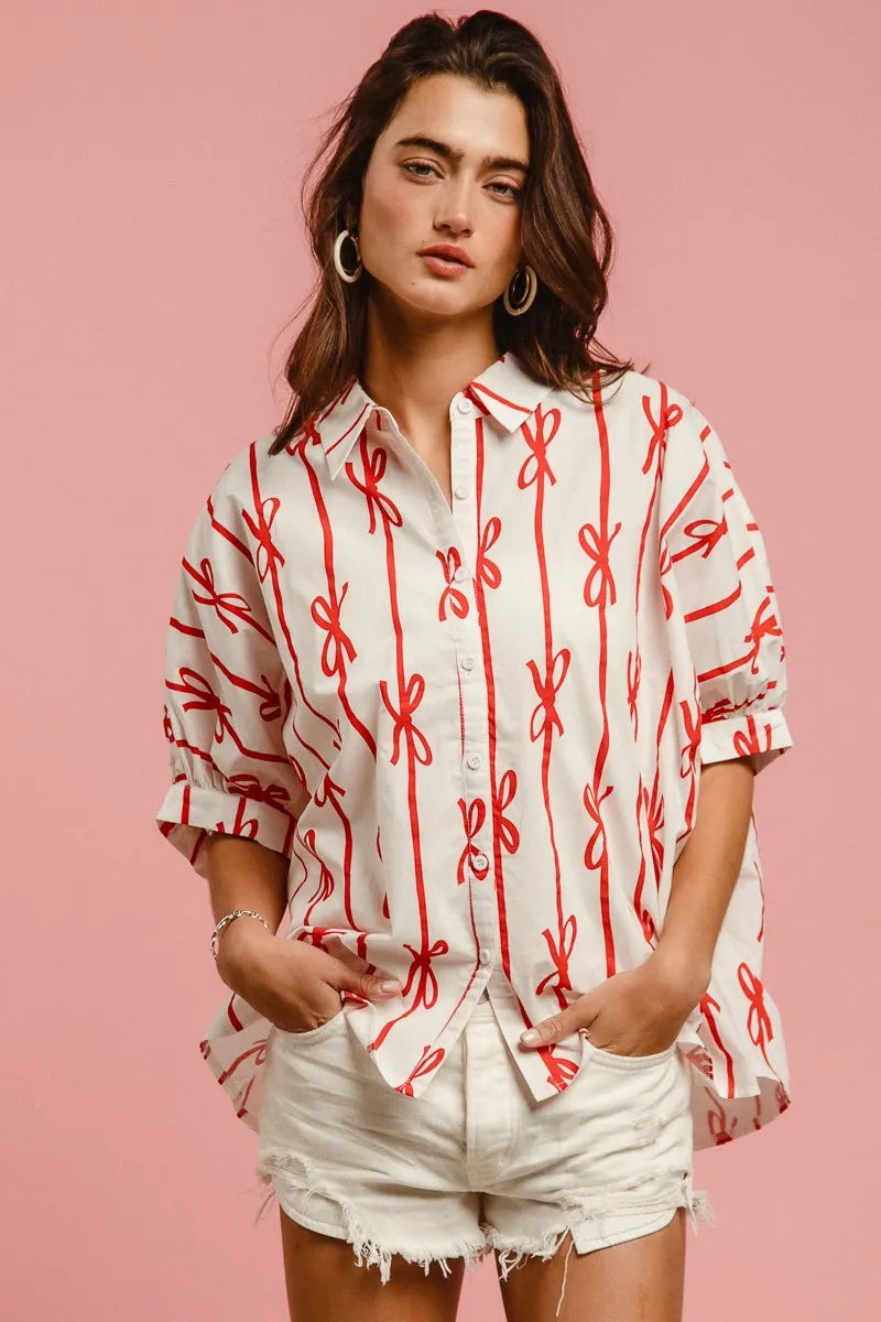 BiBi Bow Ribbon Woven Printed Button Down Shirt