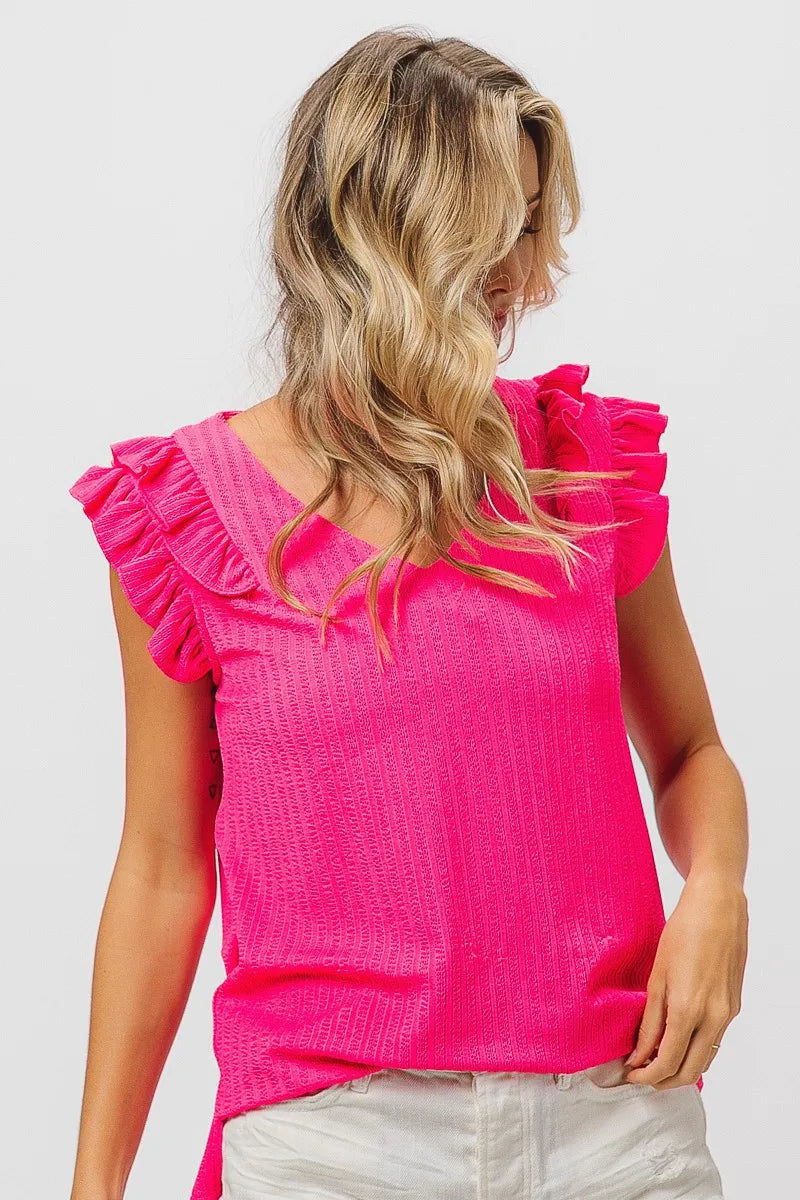 BiBi Layered Ruffles Armhole V-neck Rib Textured Top