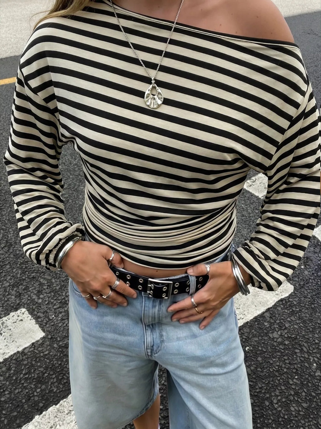 One Shoulder Striped Long Sleeve Slim-Fit T-Shirt